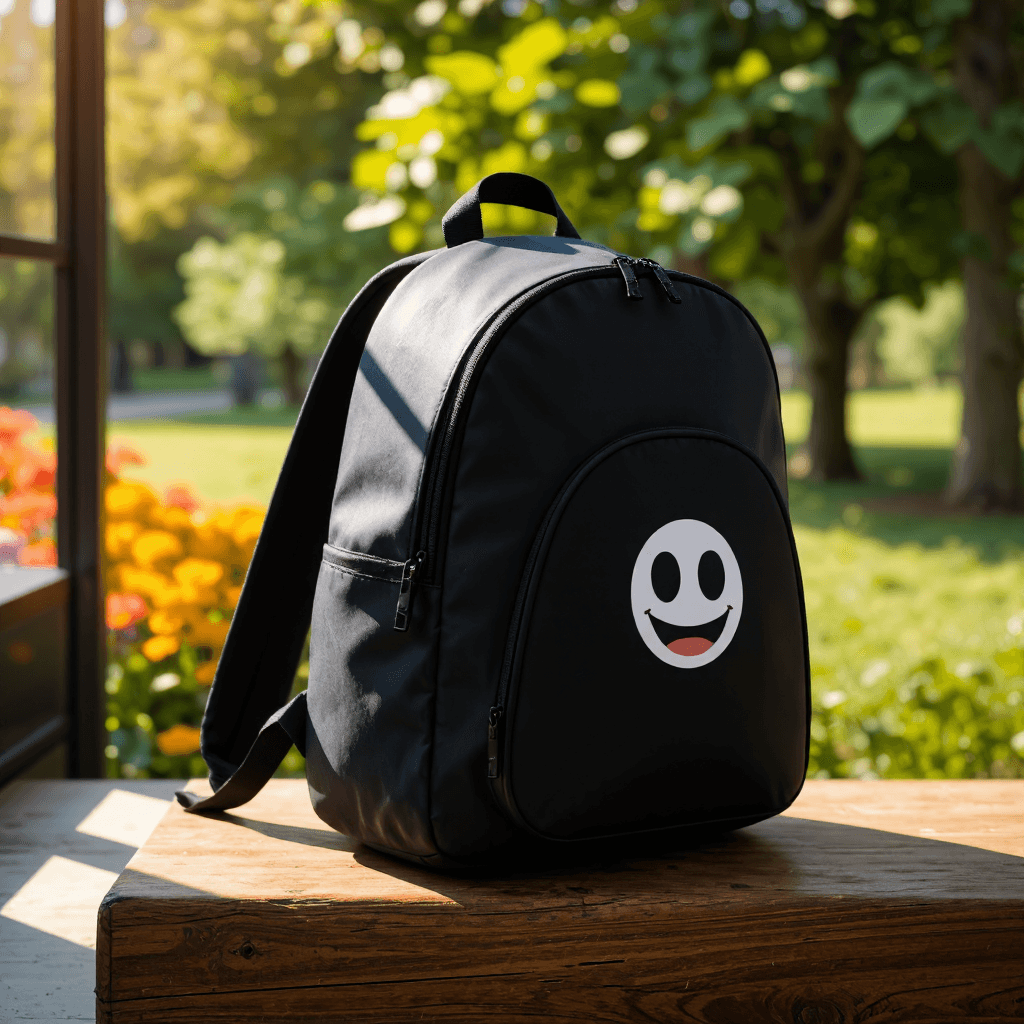 product photography of a black backpack with a playful design