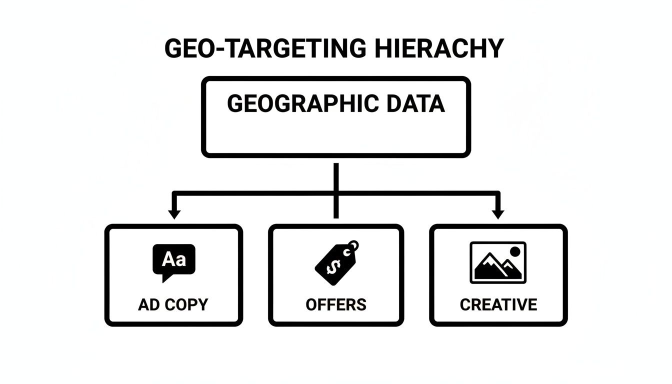 Diagram showing geo-targeting hierarchy with geographic data branching into ad copy, offers, and creative.
