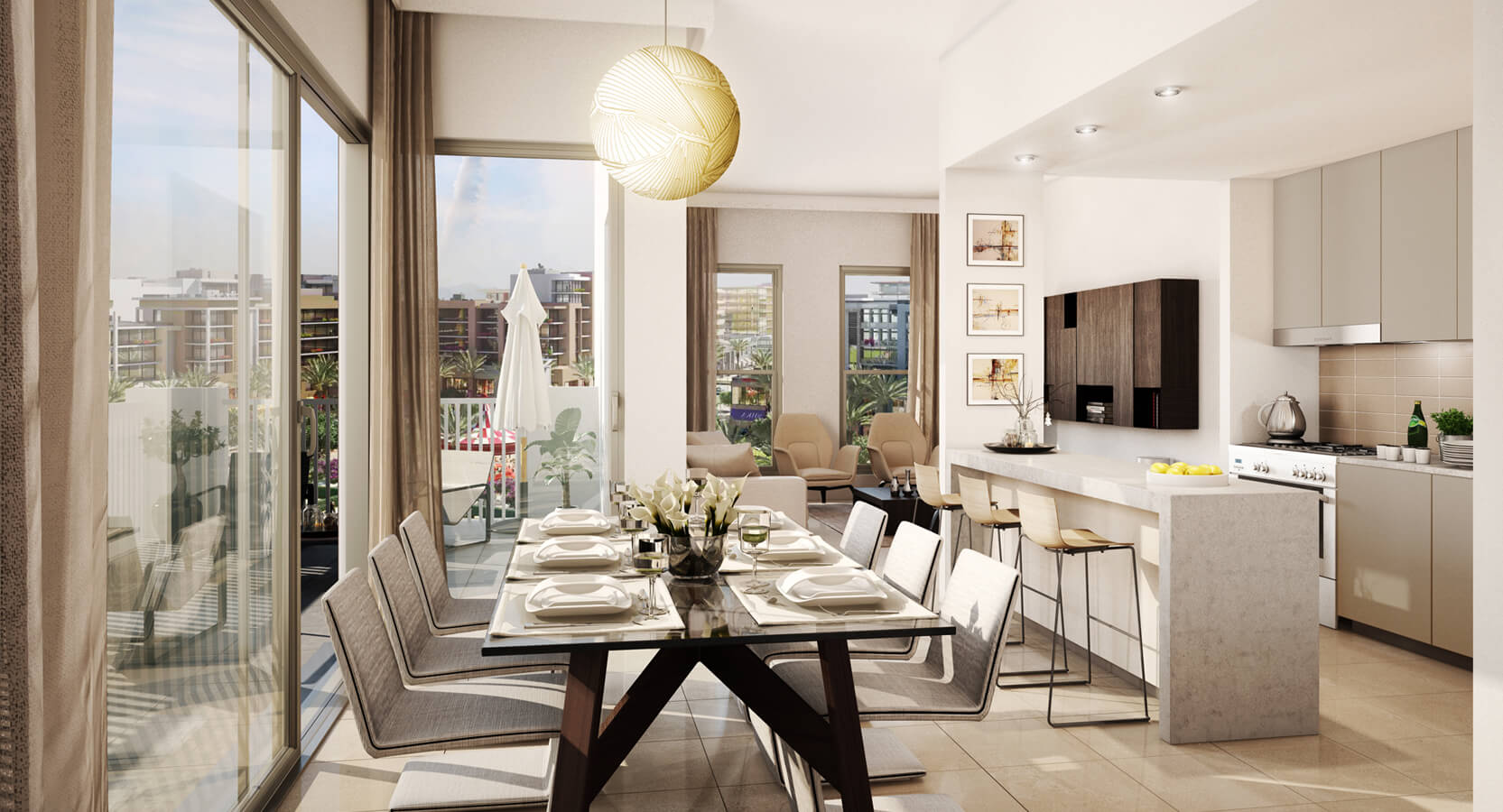 A contemporary living room in Safi Apartments, featuring a couch and a television, highlighting modern interior design.