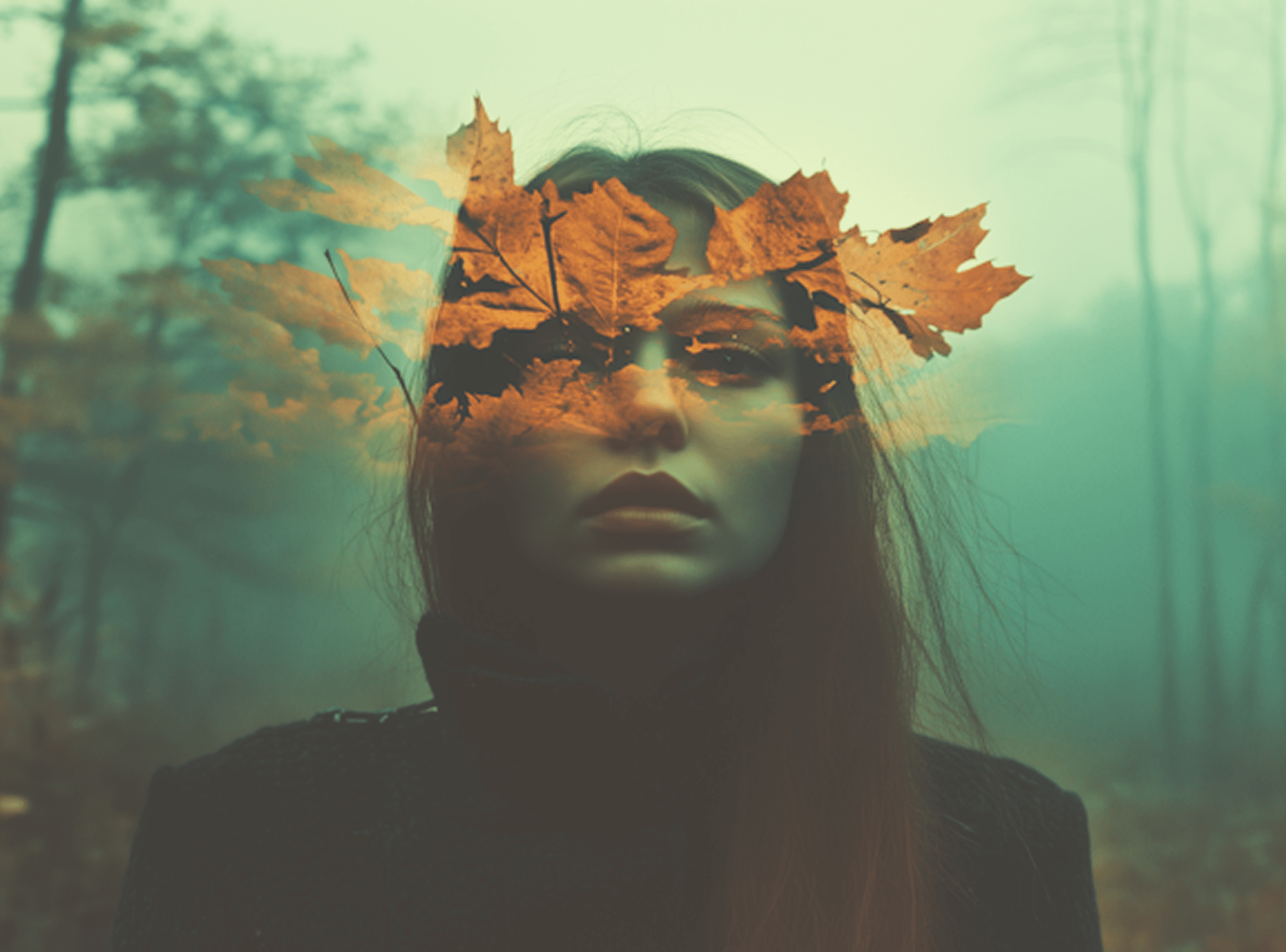 In a tranquil woodland, a woman adorned with leaves on her head gazes thoughtfully into the distance.