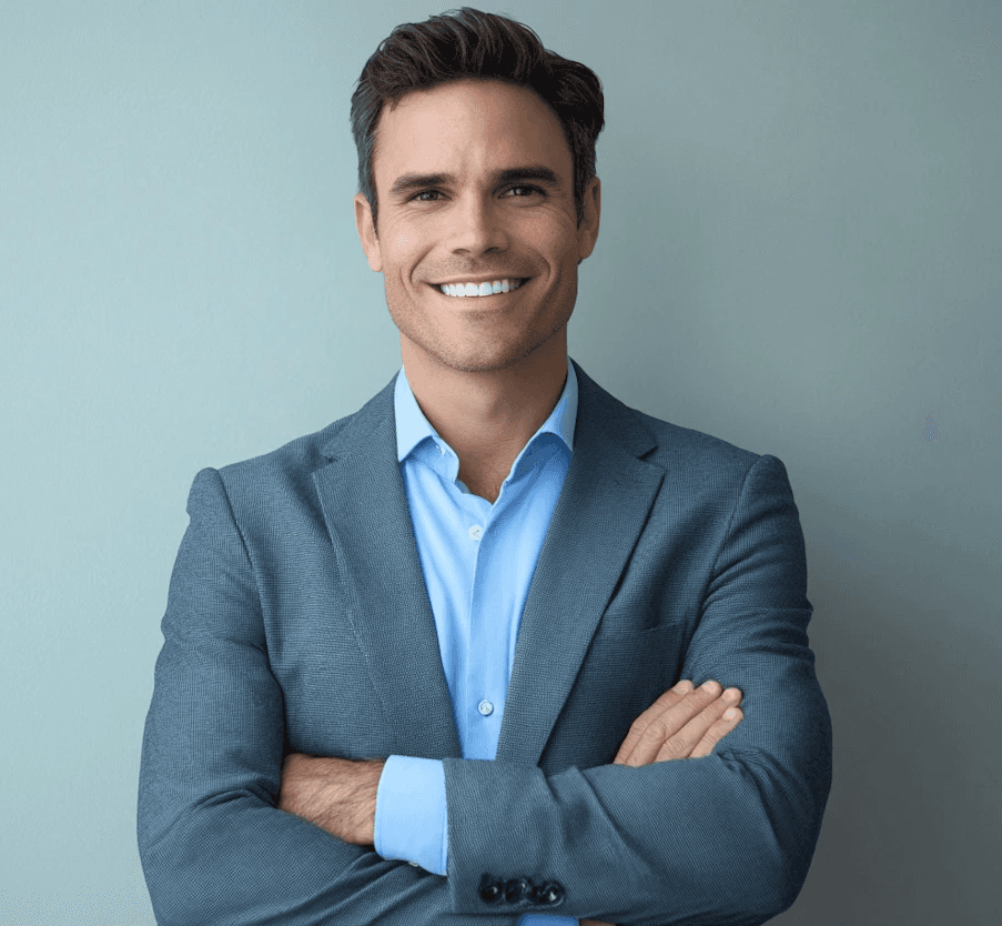 Man in blue coat smiling