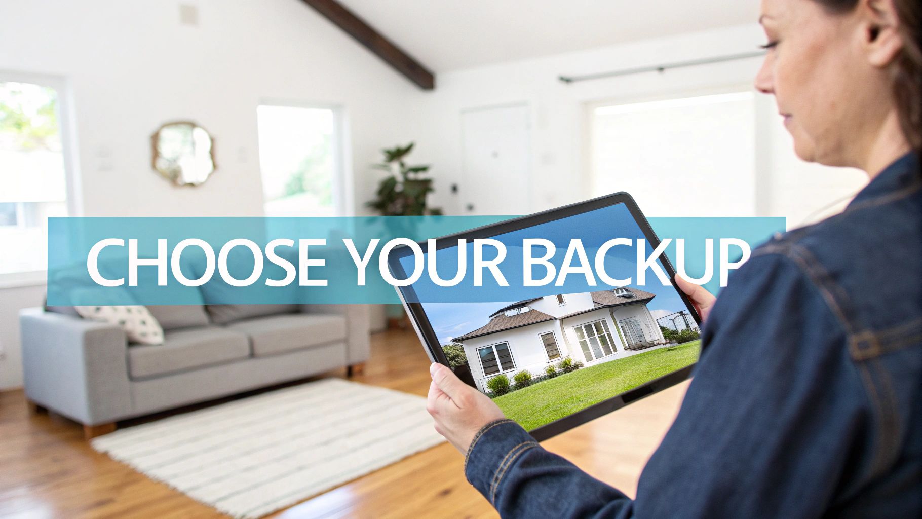 A woman holds a tablet displaying a modern house, with the text 'CHOOSE YOUR BACKUP' overlaid.
