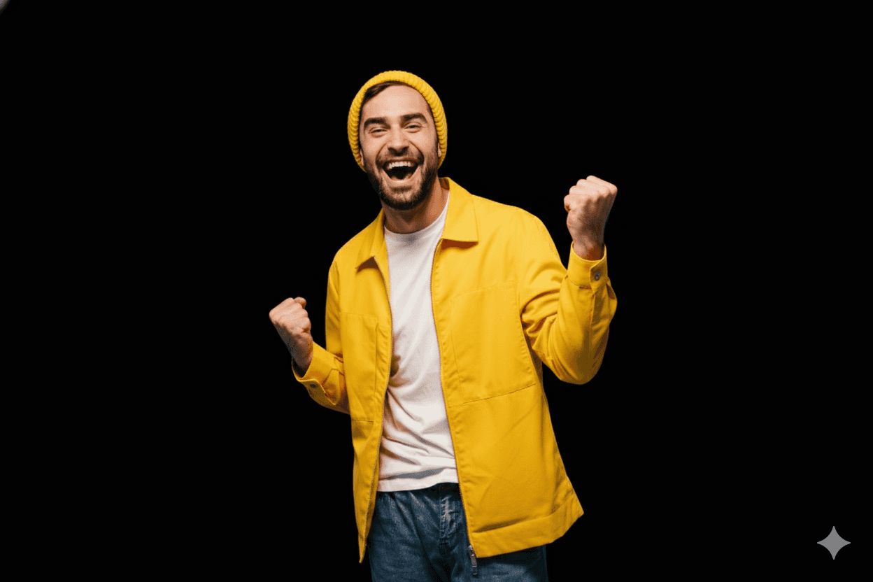 A smiling man with curly hair sitting on a yellow chair, holding documents and working on a laptop, representing productivity and a positive work environment.
