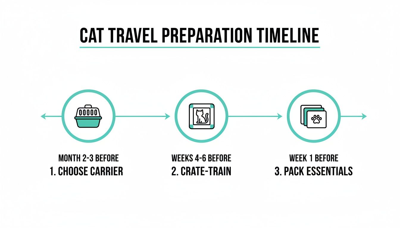 A cat travel preparation timeline showing steps for choosing a carrier, crate-training, and packing essentials.