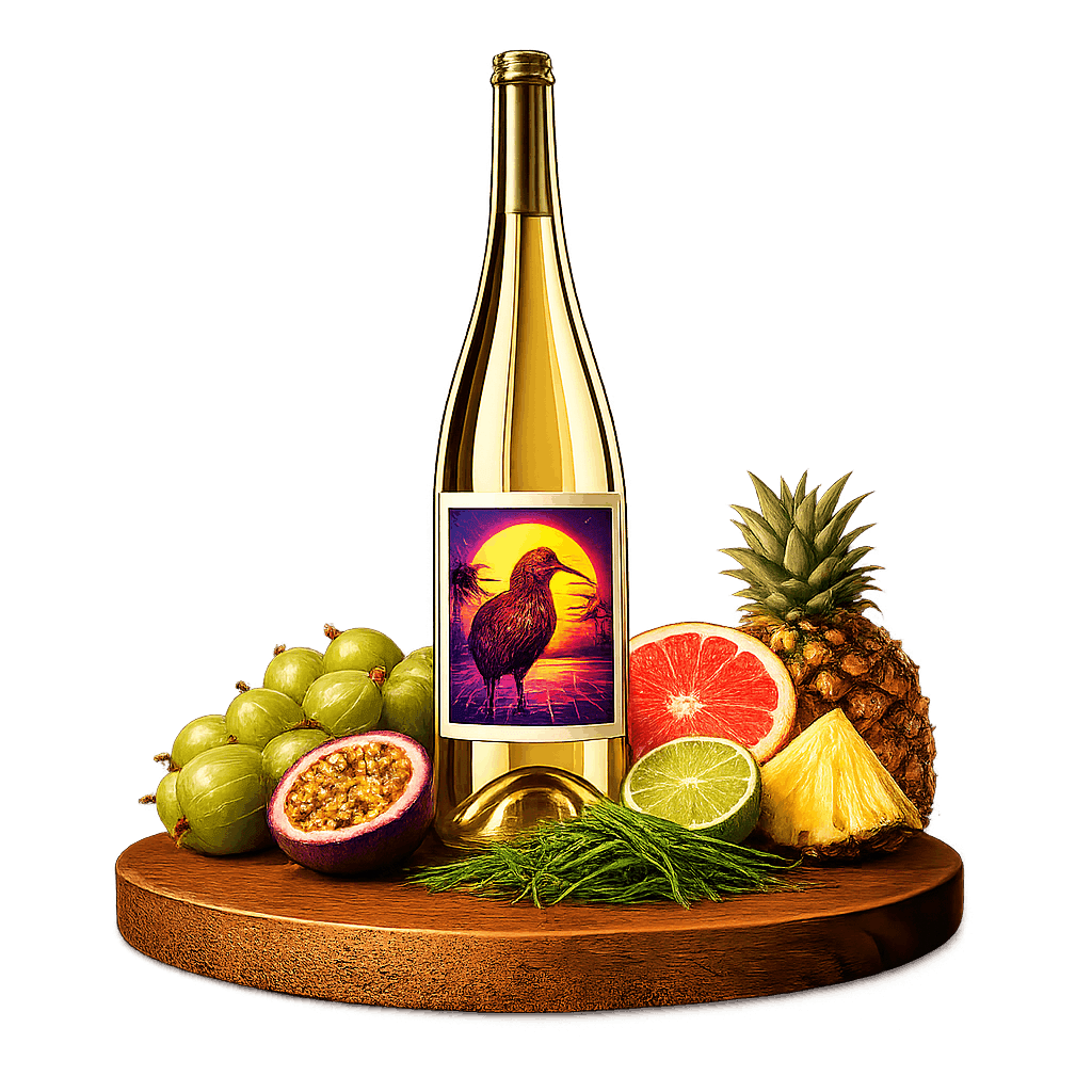 Artistic label and flavor profile for New Zealand Sauvignon Blanc on a rustic wooden table.