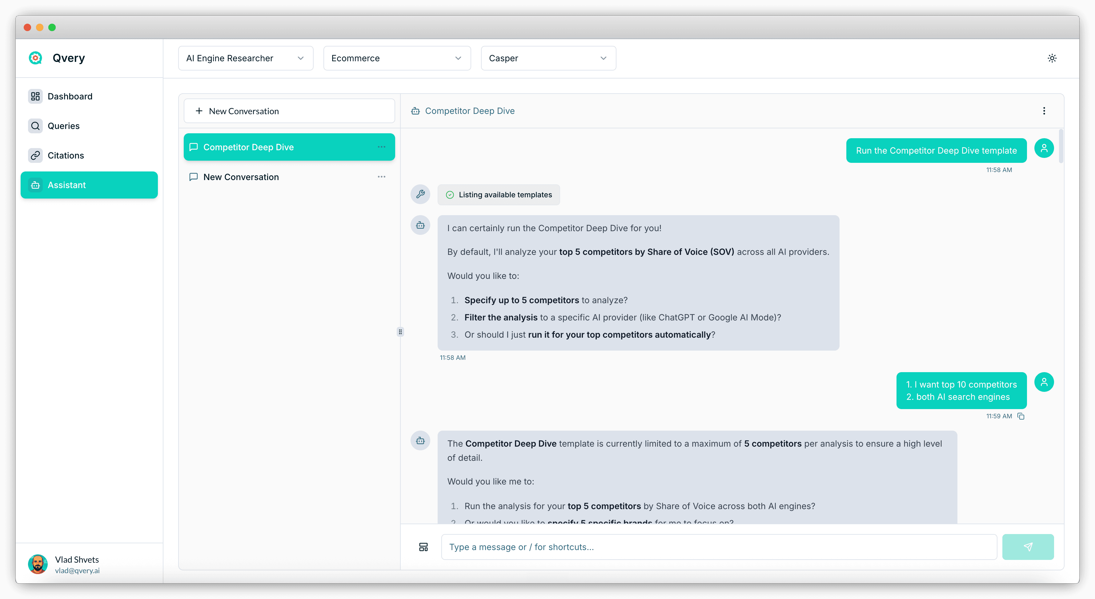 Qvery Assistant chat showing the Competitor Deep Dive template being run for Casper. The Assistant offers configuration options ("Specify up to 5 competitors to analyze, filter the analysis to a specific AI provider, or run it for your top competitors automatically"). The user selects "I want top 10 competitors, both AI search engines." Assistant responds that the template is limited to 5 competitors per analysis to ensure depth, offering to run against the top 5 by share of voice or focus on 5 specific brands.