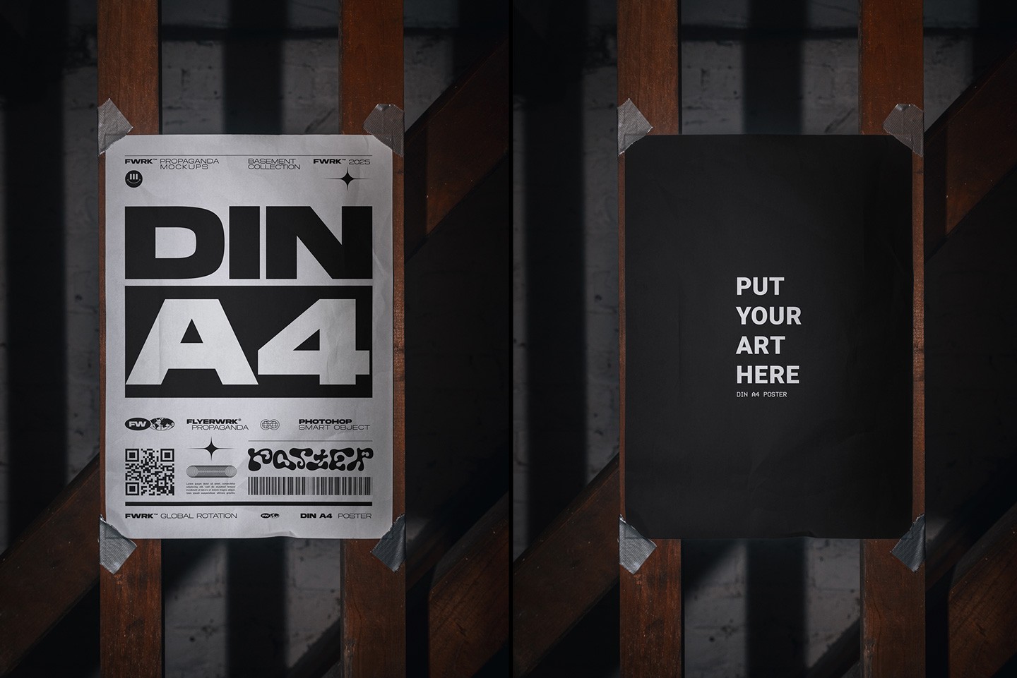 A4 poster mockup taped to industrial wooden beams with realistic duct tape and dramatic lighting
