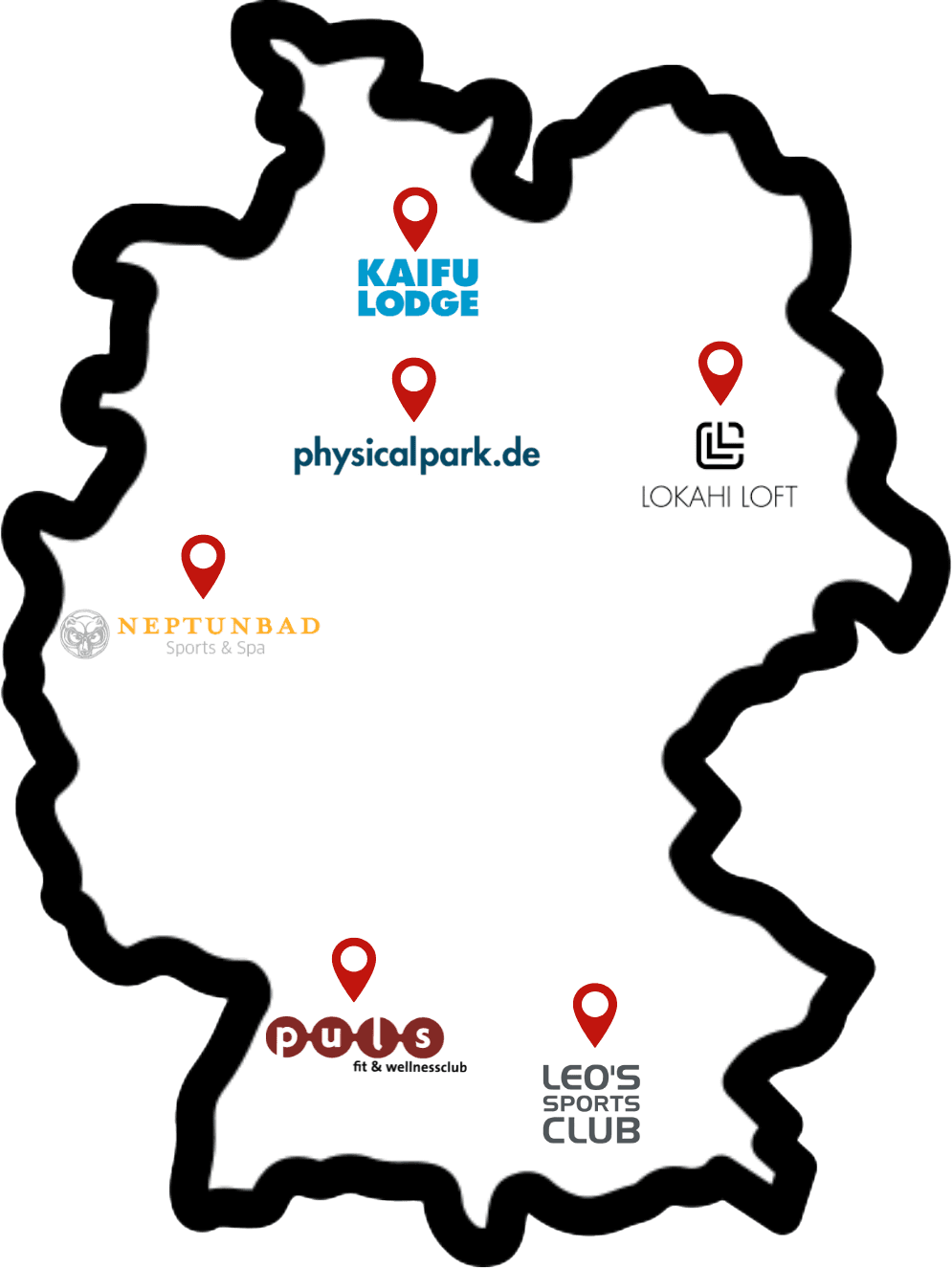 Deutschlandkarte mit Partner Studios im Private Health Club: Stuttgart, München, Hannover, Berlin, Köln, Hamburg
