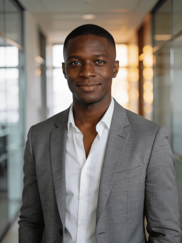 Confident businessman in gray suit portrait in modern office hallway