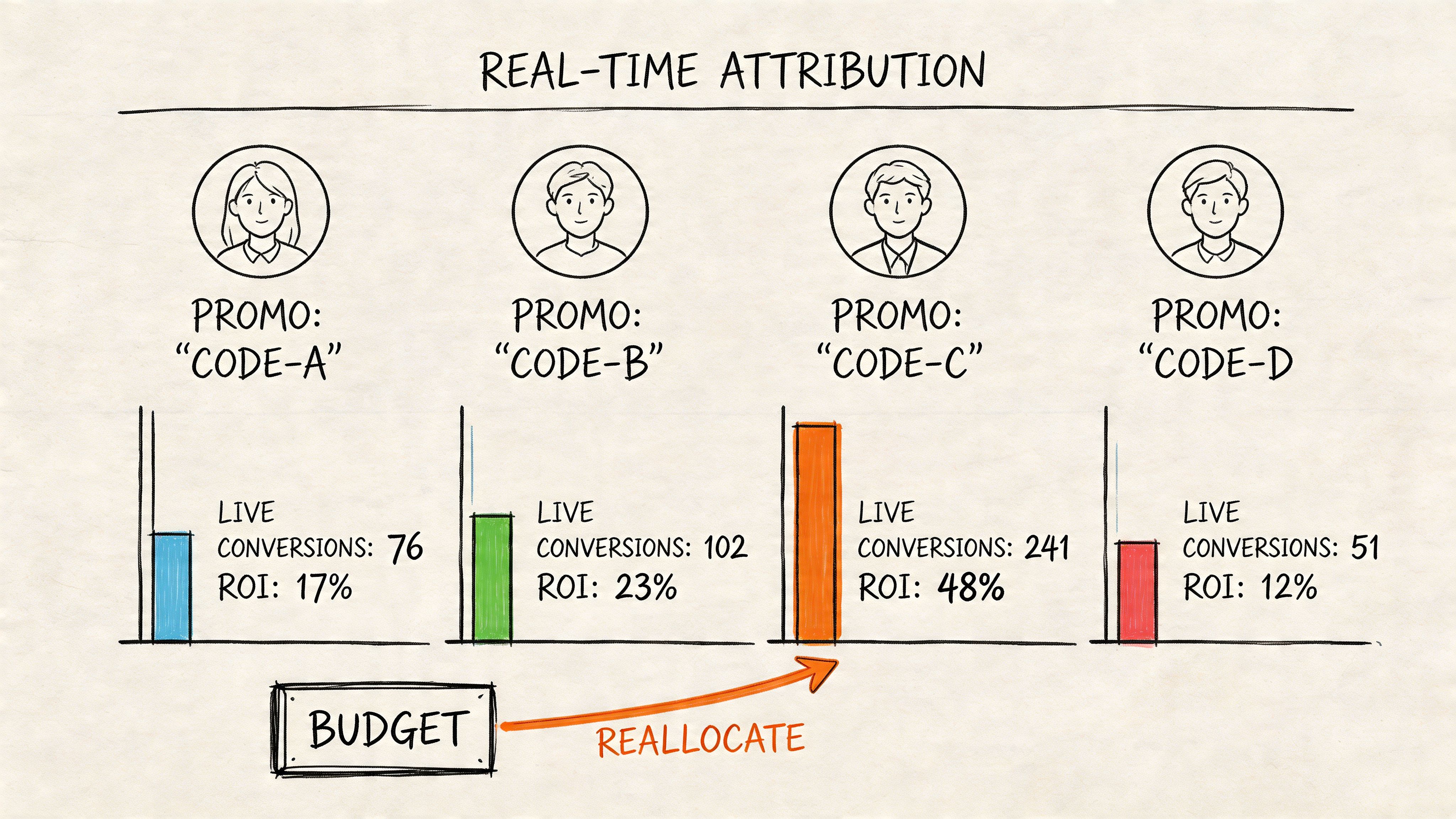 An infographic showing real-time attribution for four different promotional codes with conversion and ROI data.