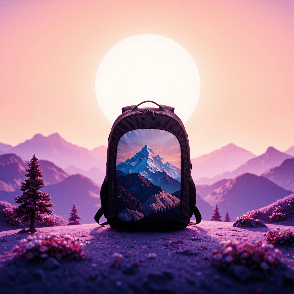 product photography of a backpack with a mountain landscape design