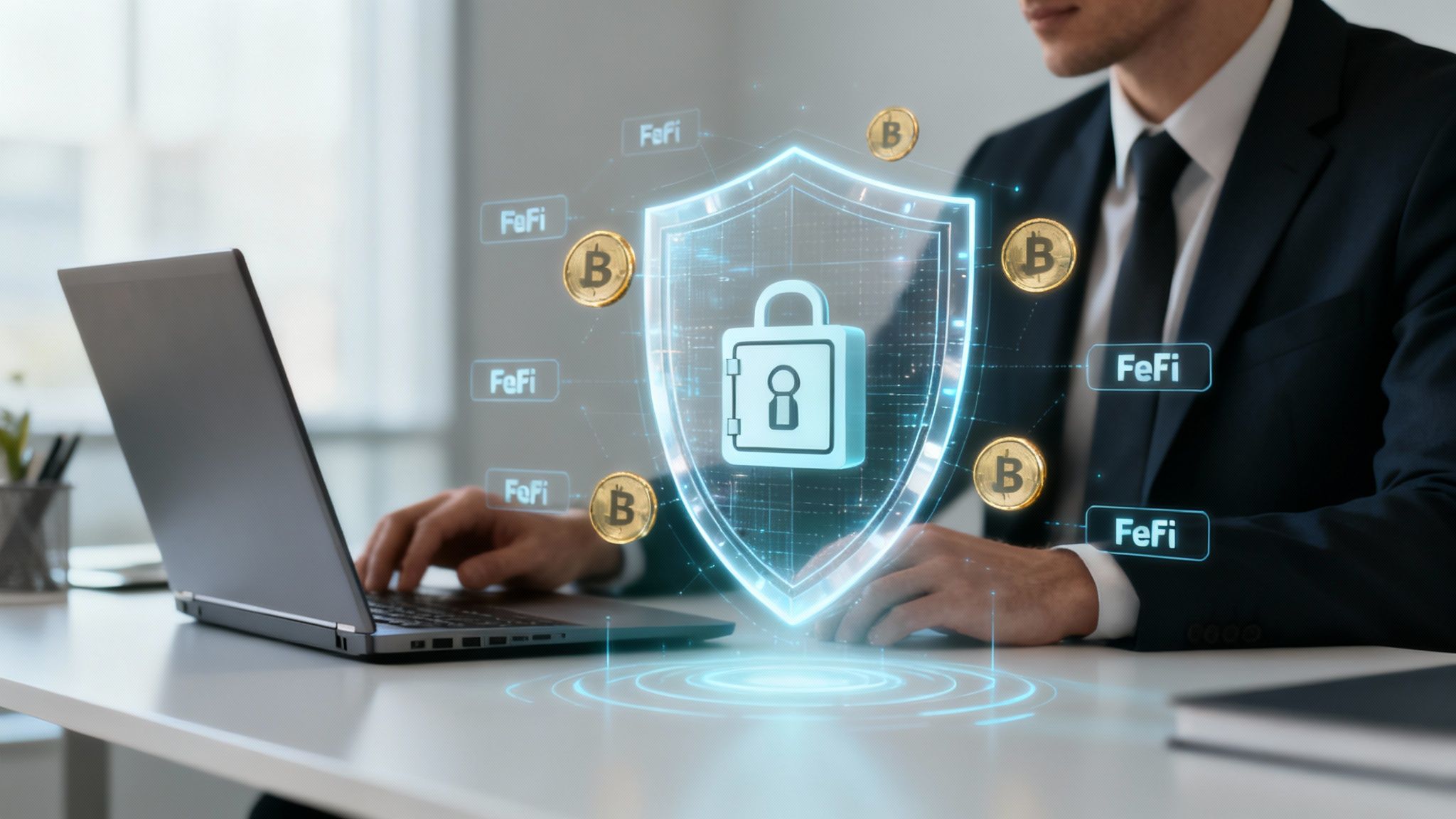 A man working on a laptop with a glowing digital shield, padlock, and cryptocurrency icons representing protocol safety.
