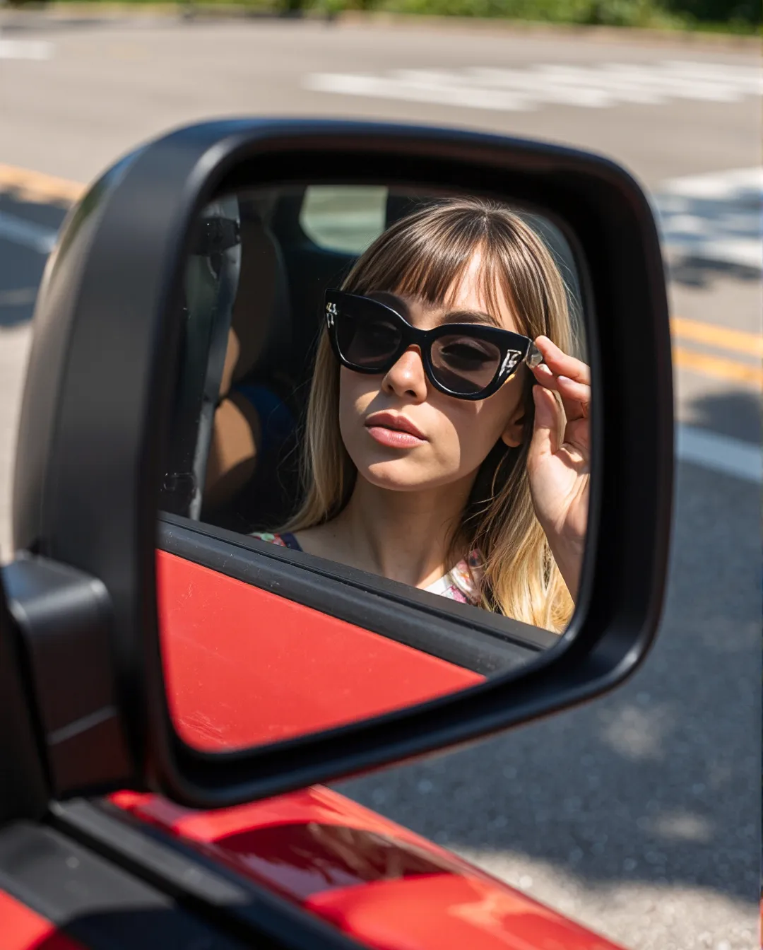 Stylish reflection in car side mirror showing oversized black sunglasses and blonde hair against vibrant red vehicle backdrop