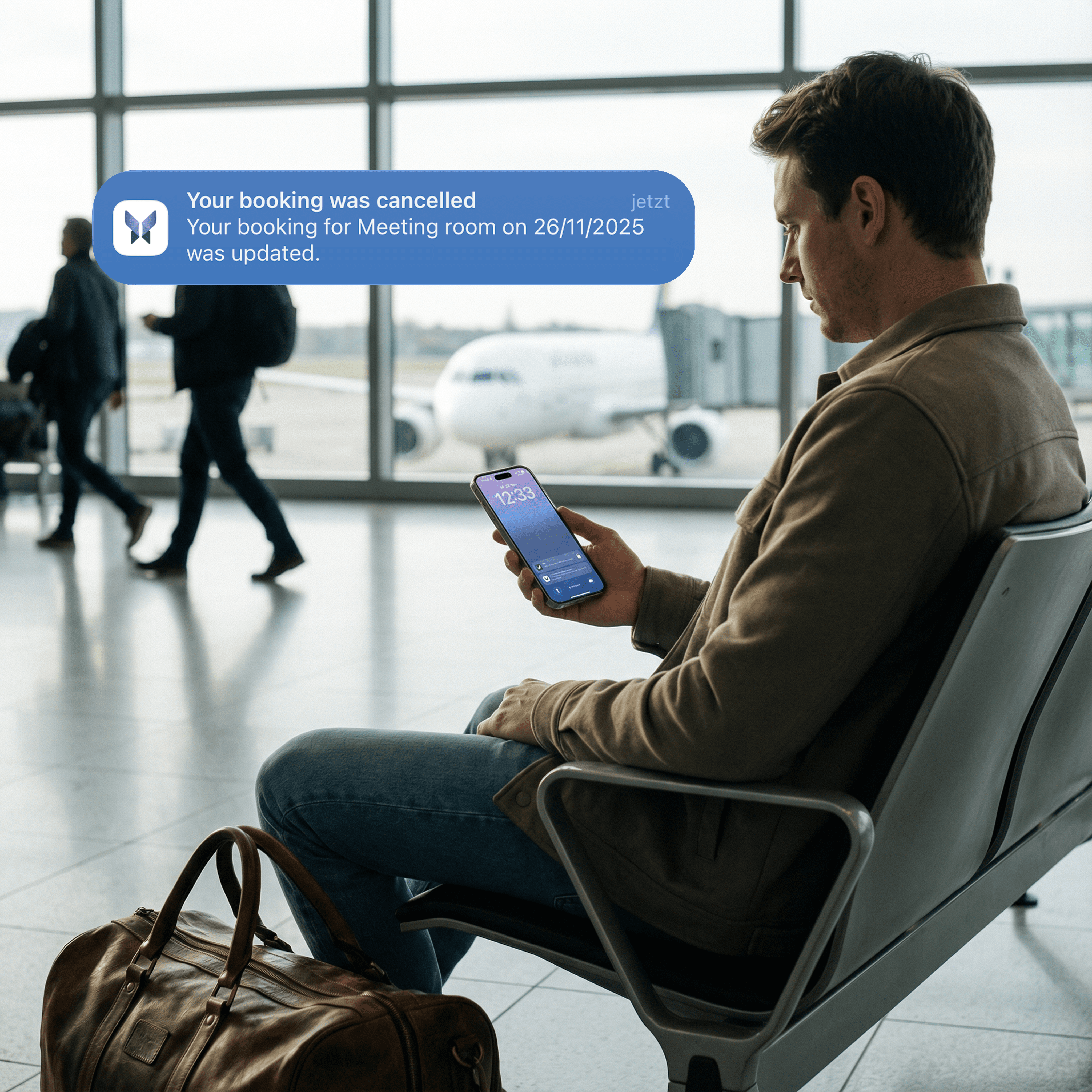 Ein Mann sitzt am Flughafen auf dem Weg in den Urlaub. Dank der HRworks Integration in anny wurden seine Buchungen, die im Zeitraum des Urlaubs liegen, storniert.