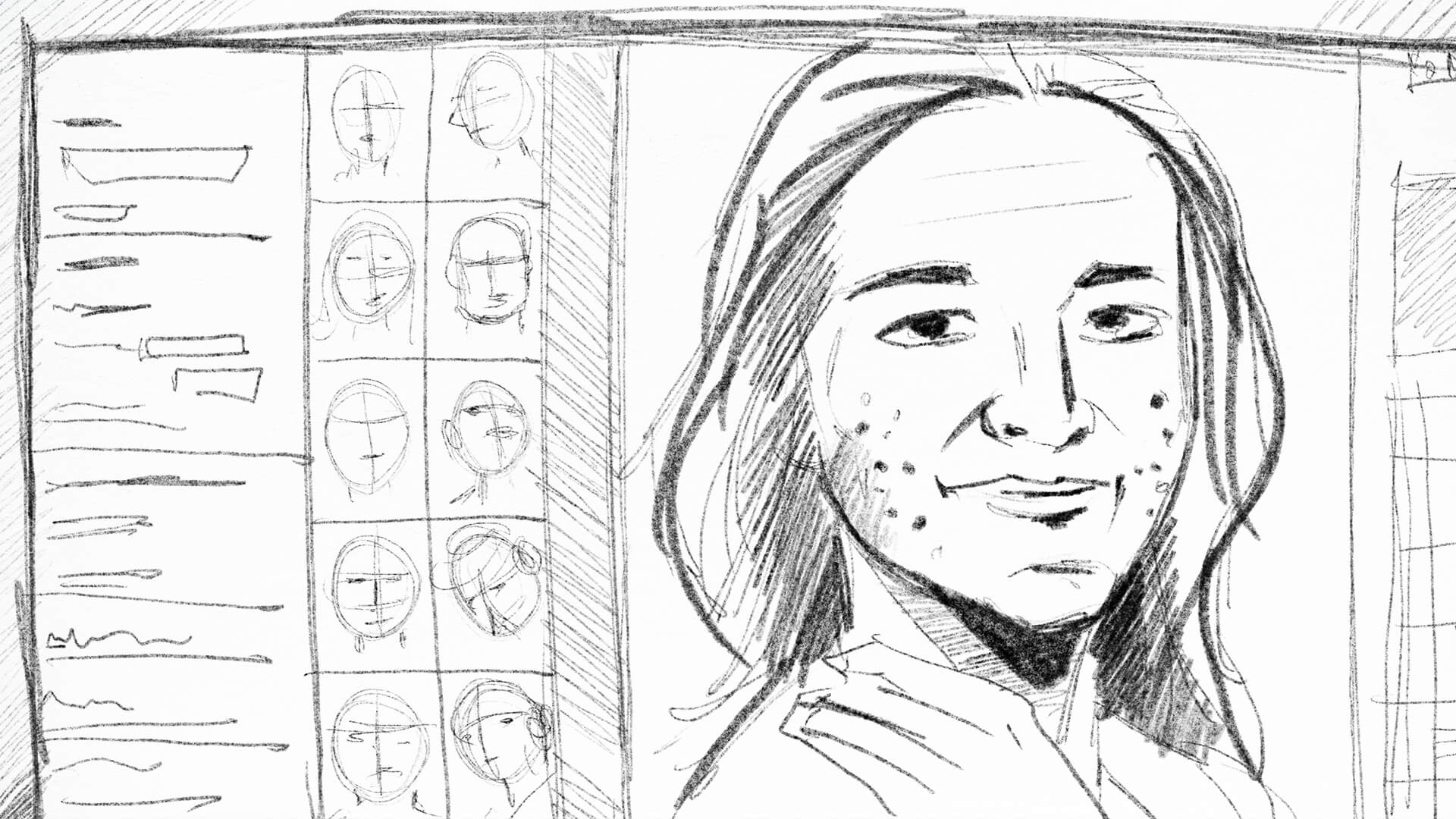 Storyboard sketch depicting Captura's AI Enhance feature with a portrait and a thumbnail grid of images available for selection.