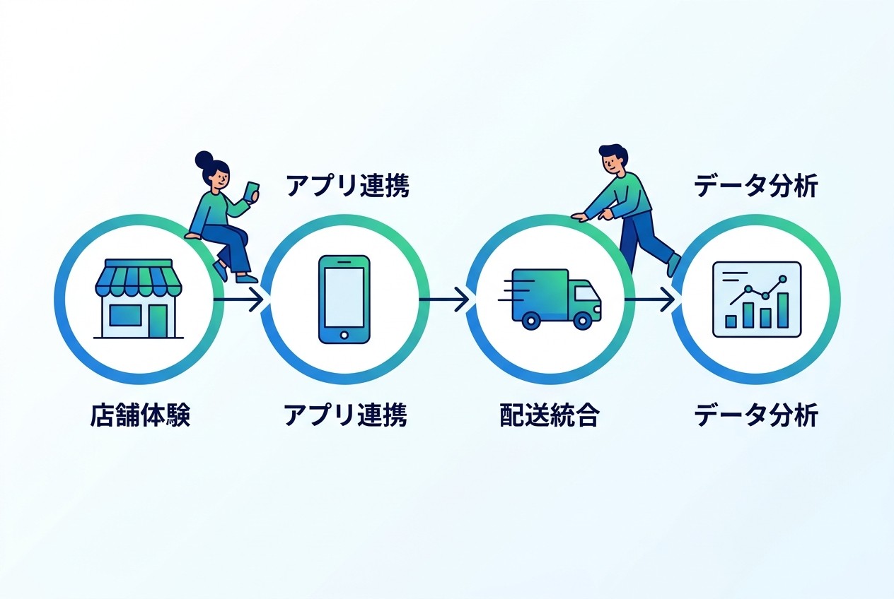 オムニチャネル戦略の実装ステップ。店舗体験→アプリ連携→配送統合→データ分析の順で進め、6-12ヶ月で顧客体験を統合する。