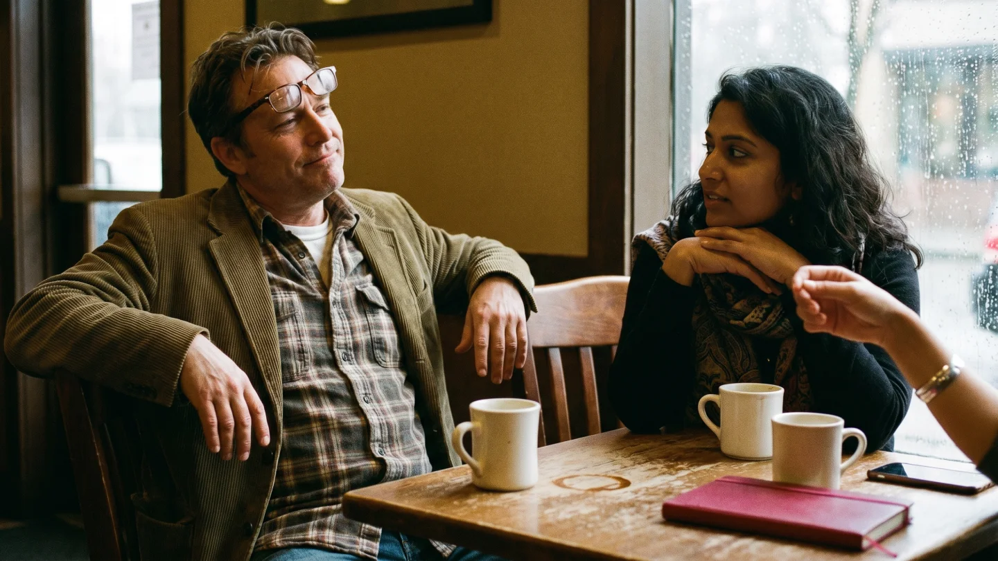 Two professionals at a coffee shop table by a rainy window, man in brown jacket mid-gesture after making a point, woman listening with chin on folded hands, crimson red notebook on table, two ceramic coffee cups, warm candid aesthetic