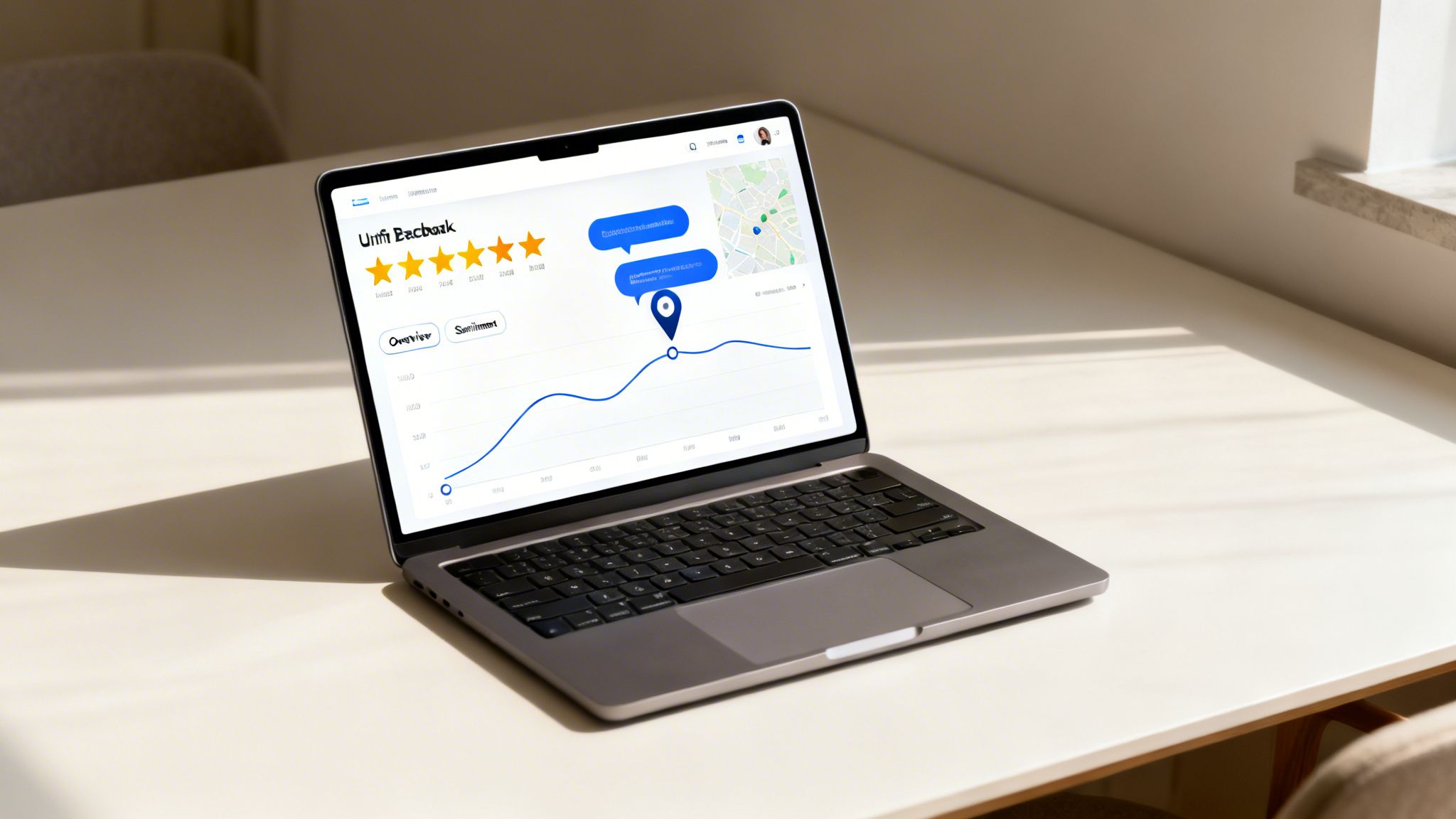 A laptop on a desk displaying a customer feedback dashboard with ratings, graphs, and a map.
