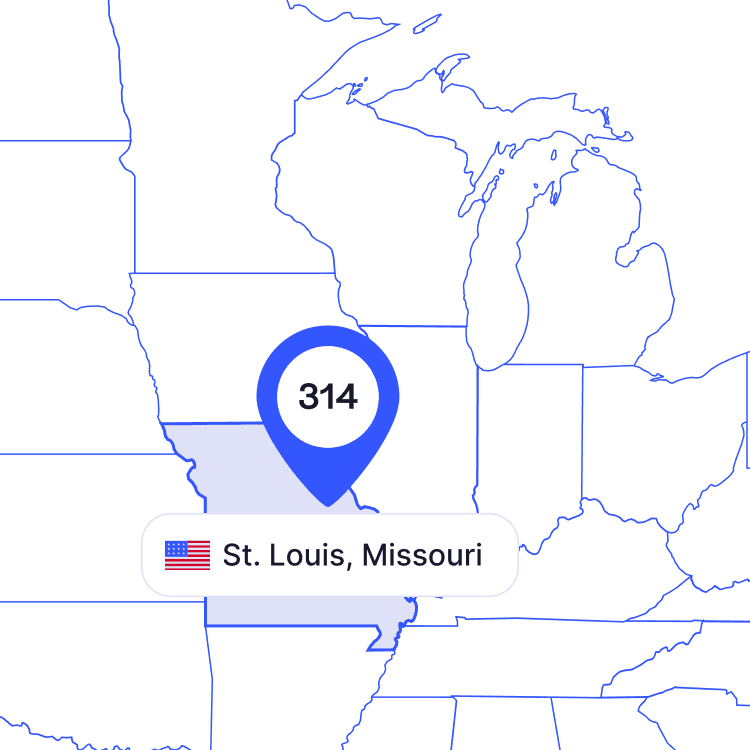 US map of 314 area code phone numbers and its coverage region