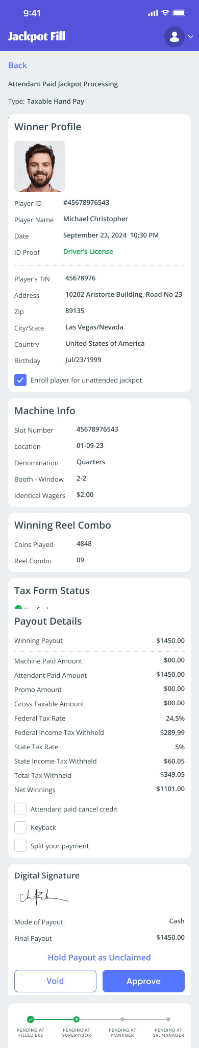 Vertical scroll of multiple JackpotFill mobile screens showing the complete jackpot processing journey: initiation screen, winner details form, compliance check step, photo capture prompt, and final confirmation receipt — each screen clean, single-focus, and step-labelled
