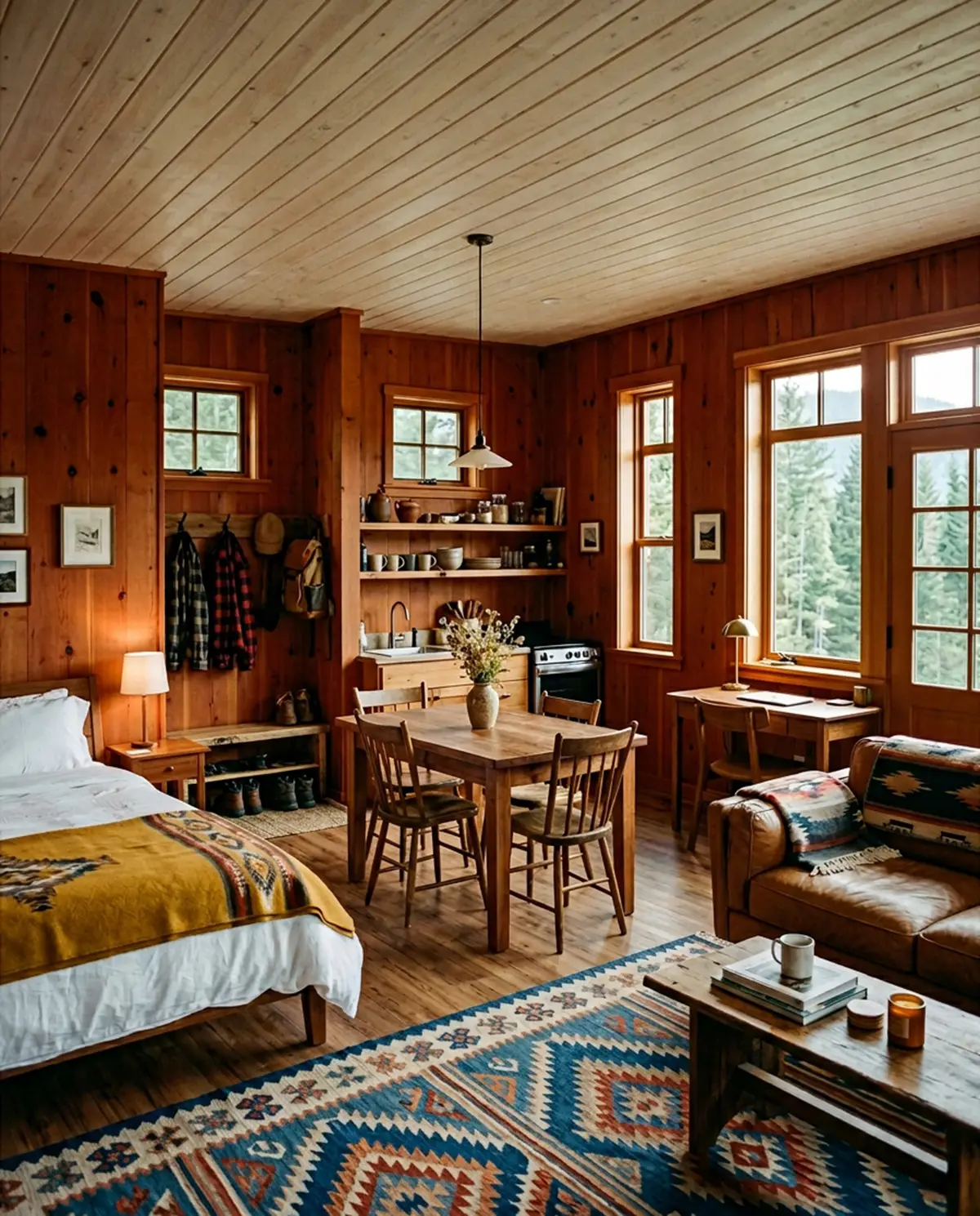 Rustic lodge studio room with twin bed, dining table and kitchenette, daylight through large windows