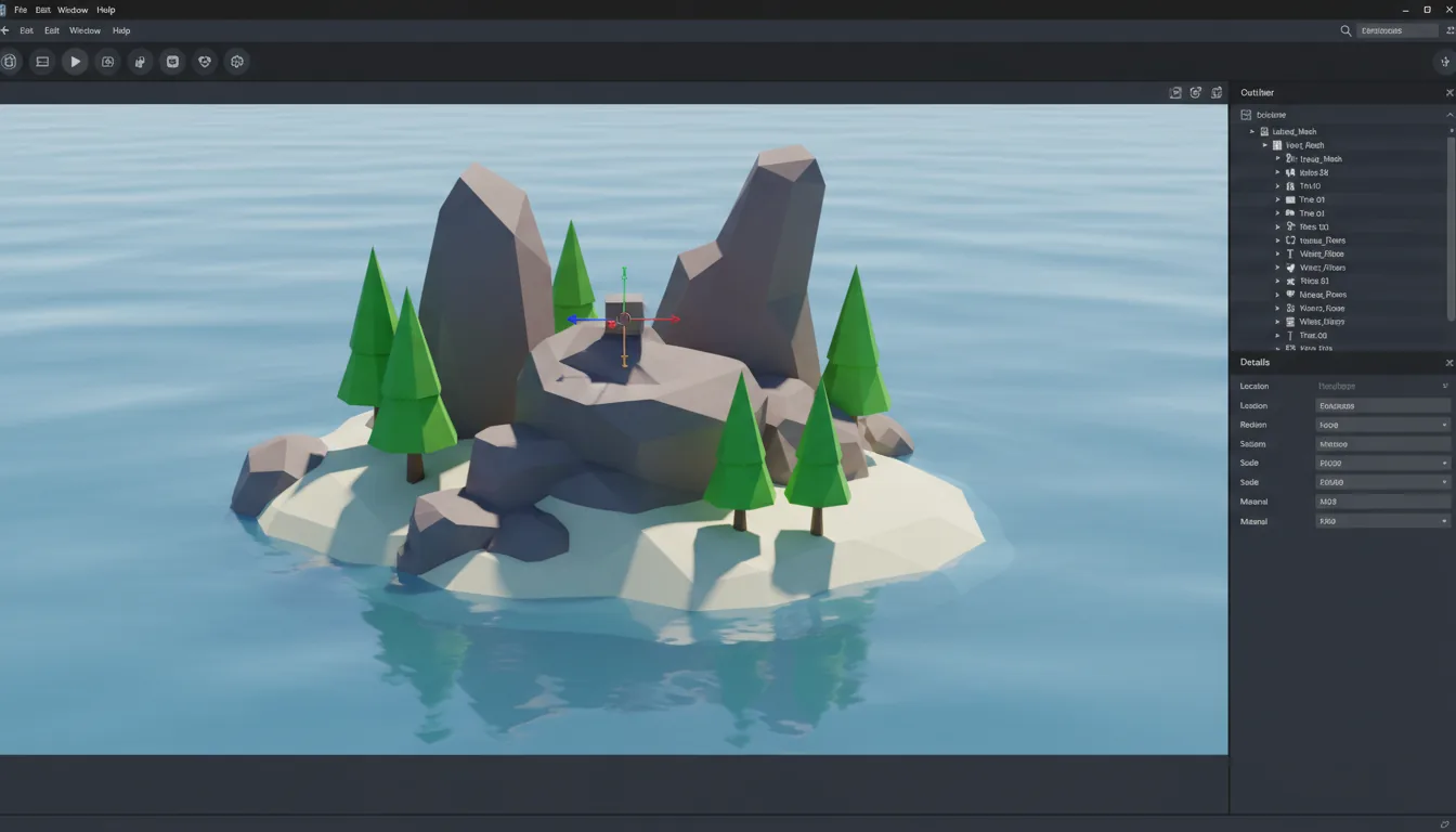 A screenshot of the Unreal Engine editor interface in a Modern Dark Mode style. The central viewport displays a brightly lit, low-poly 3D island scene with stylized, geometric rocks, simple cone-shaped trees, and calm blue water. The UI layout features a top toolbar with professional icons, a right sidebar with an 'Outliner' panel showing a tree-view list with abstracted text lines, and a 'Details' panel below it with placeholder data fields. A 3D transform gizmo is visible on one of the rock formations.