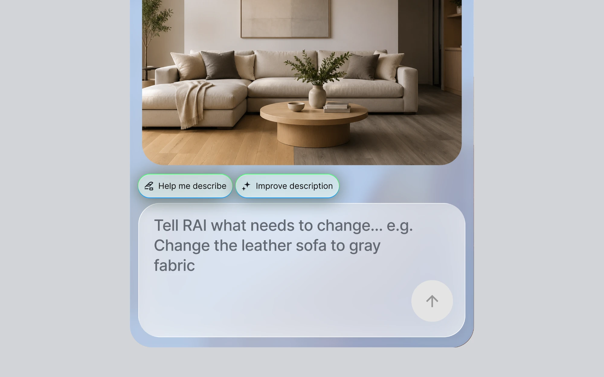 Refine’s Help me describe and Improve description chips above the Renovate AI prompt box