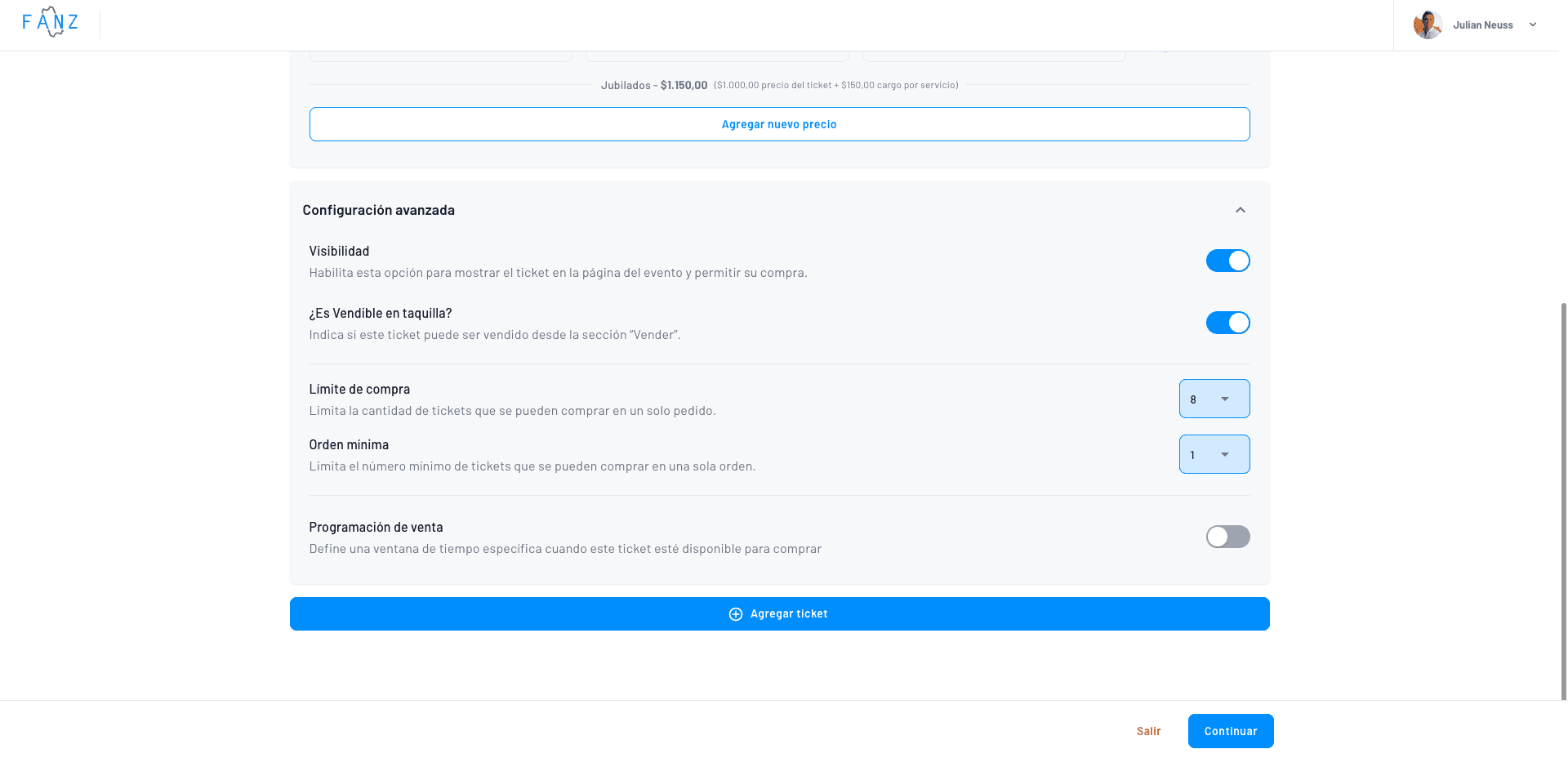 Configuración avanzada del ticket