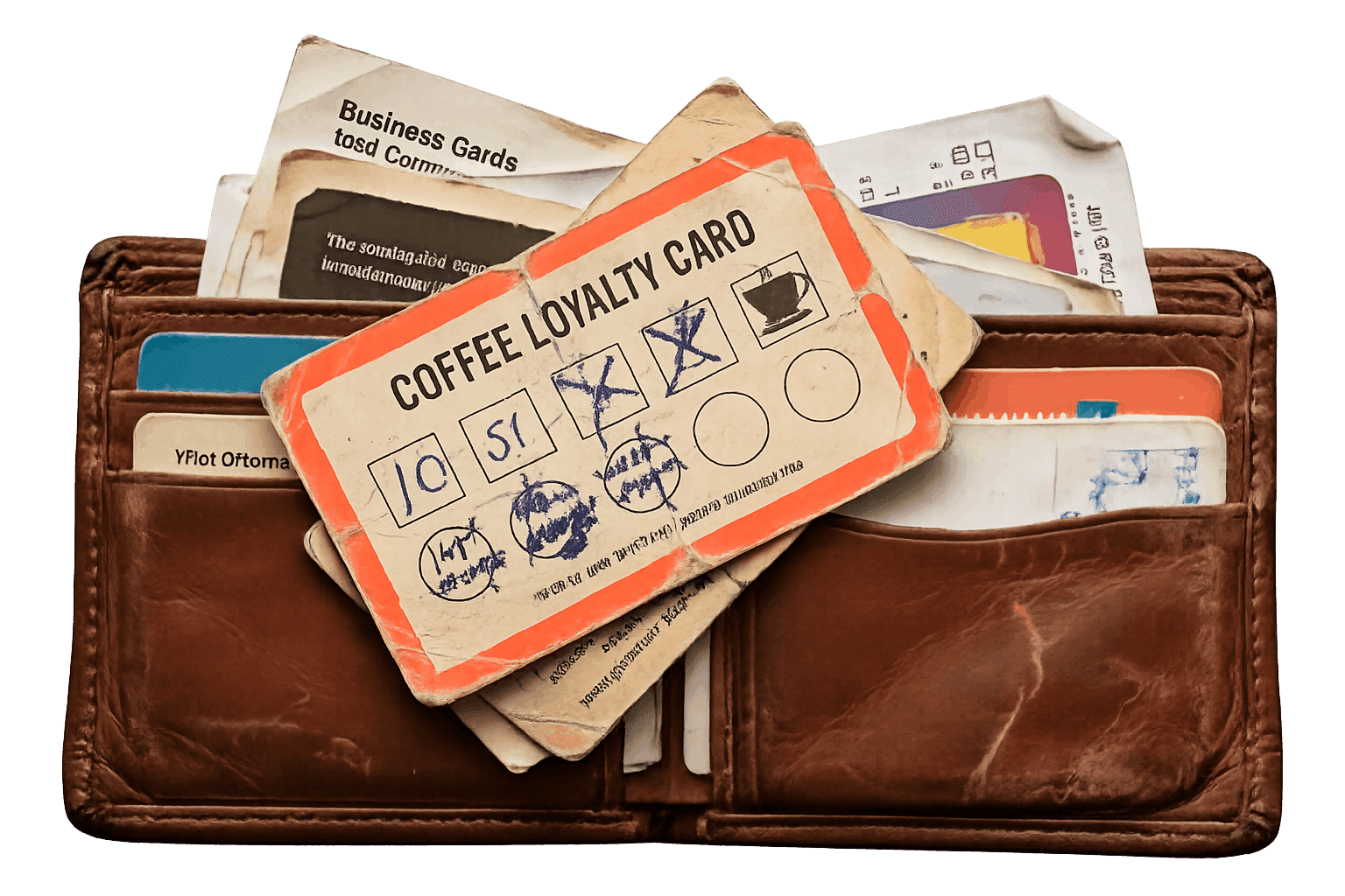 Worn brown leather wallet filled with assorted cards, with a creased and heavily stamped paper loyalty card placed on top, representing traditional paper-based reward programs.