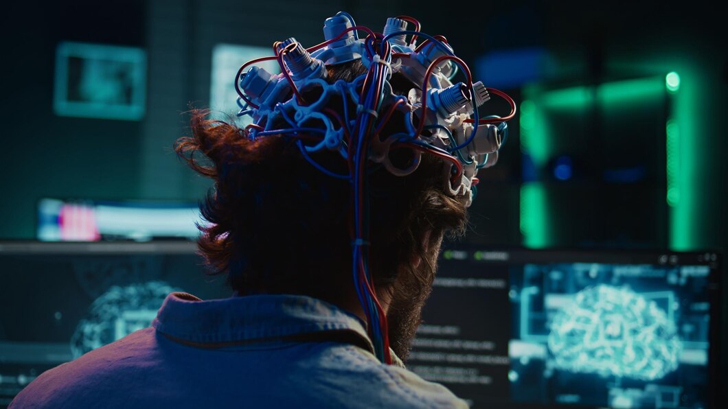 A person using headset and analysing the brain scan results.