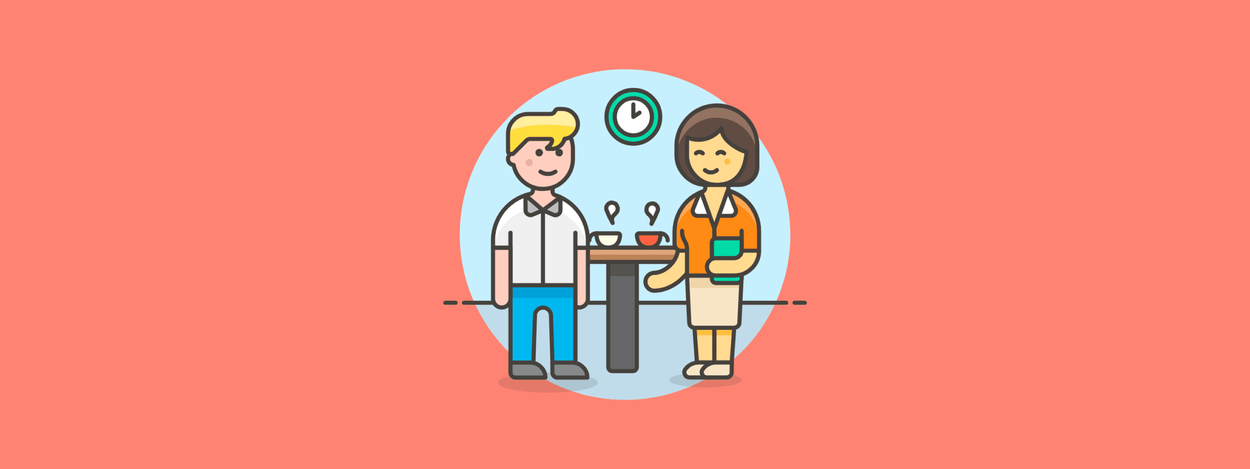 A graphic of two colleagues chatting near a high-top table with steaming coffee cups and a wall clock