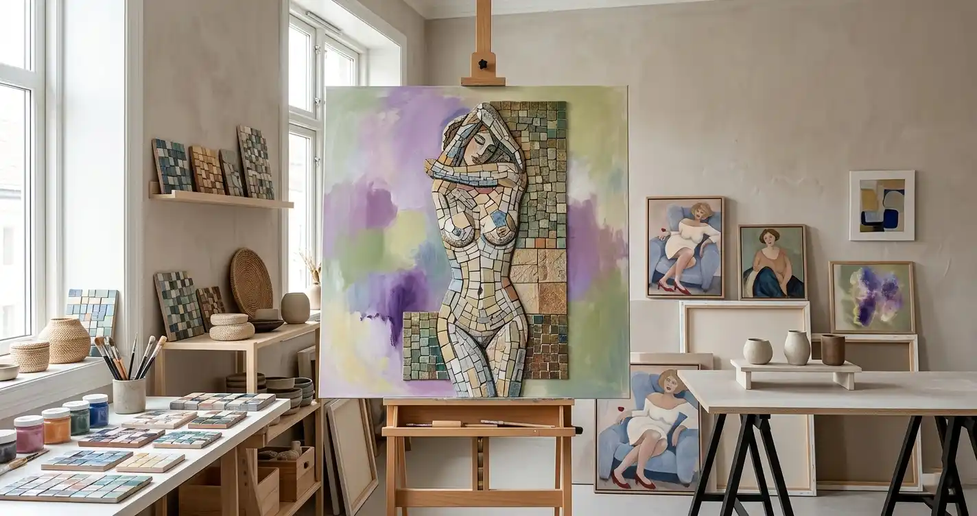 Et lyst atelier med et stort maleri av en kvinnefigur på et staffeli, omgitt av mindre malerier, keramikkskåler og hyller med mosaikkfliser.