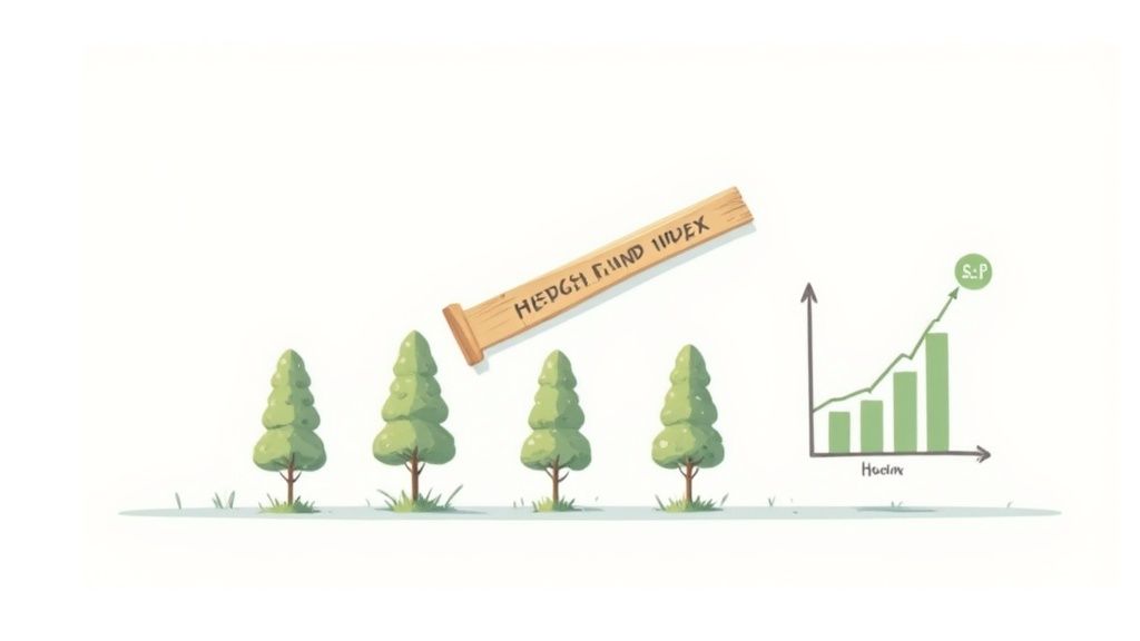 Illustration comparing hedge fund index performance to S&P, with trees and an upward trending chart.