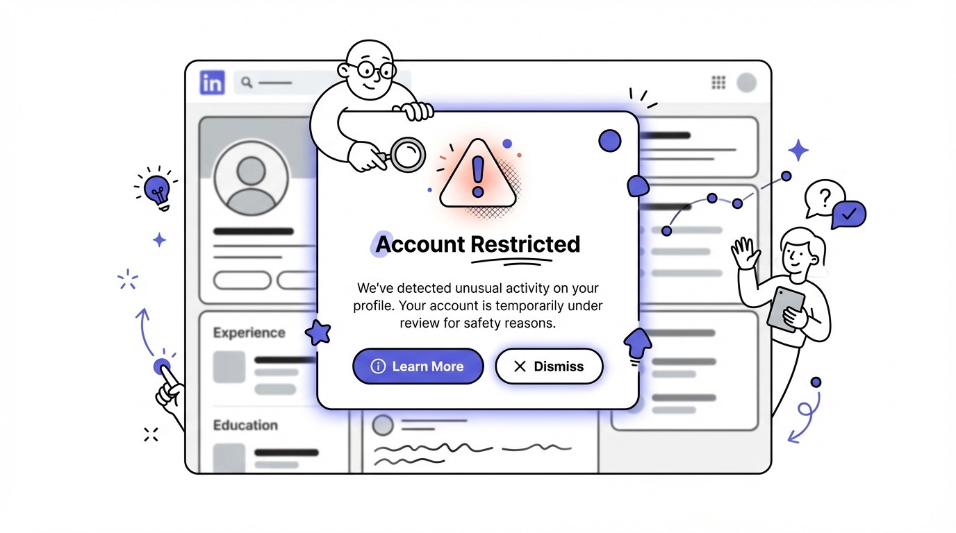 A digital illustration of a LinkedIn 'Account Restricted' pop-up notification appearing on a screen, with a warning icon, explanatory text, and buttons like 'Learn More' and 'Dismiss'.