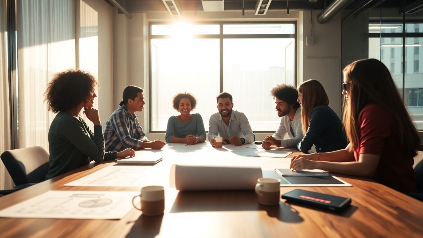 Startup team collaborating in a bright, modern office.