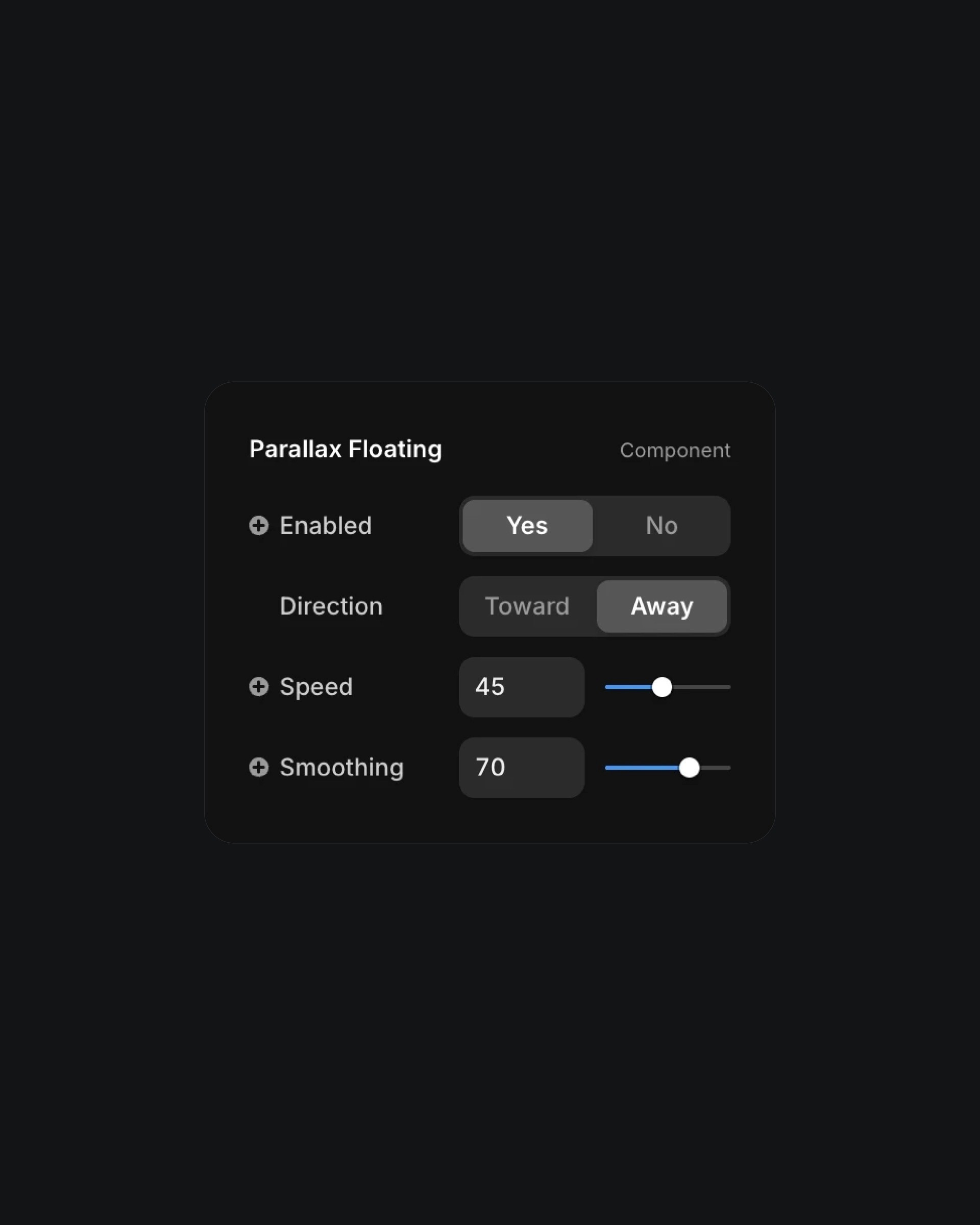 Parallax floating settings panel with options for enabling, direction, speed, and smoothing