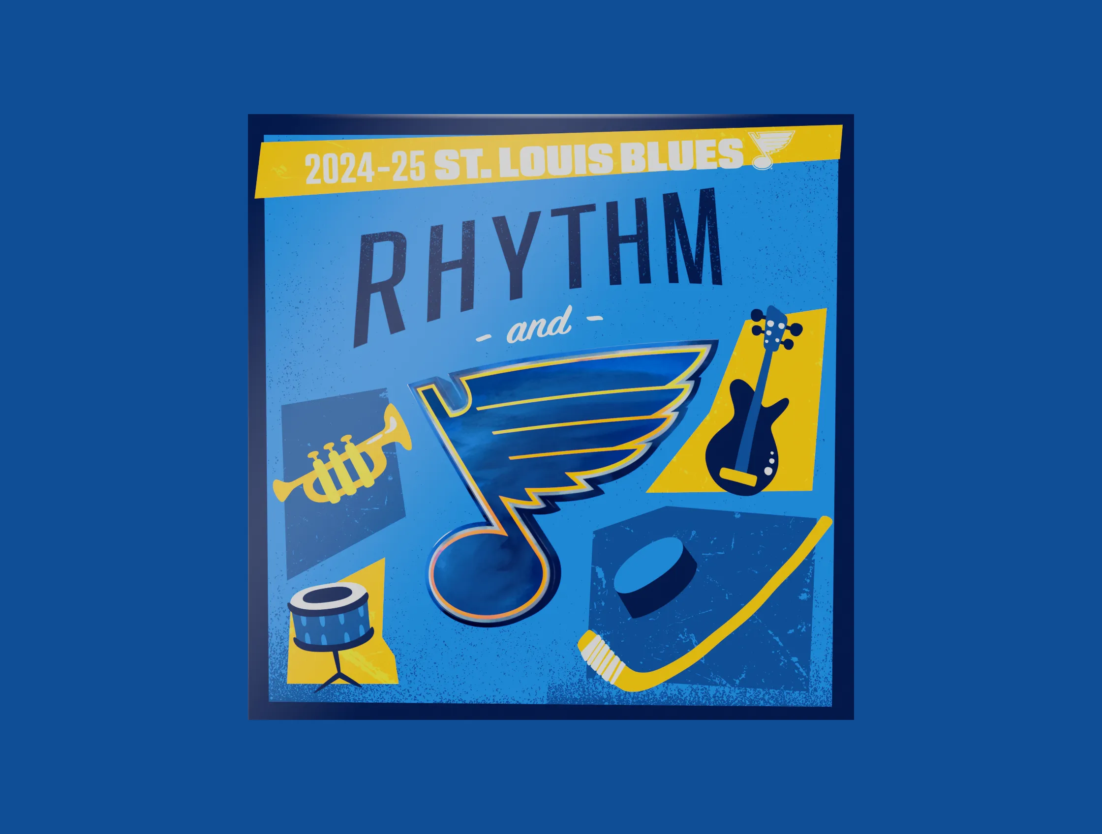 Rhythm and Blues poster featuring the St. Louis Blues logo with music and hockey icons on a blue background