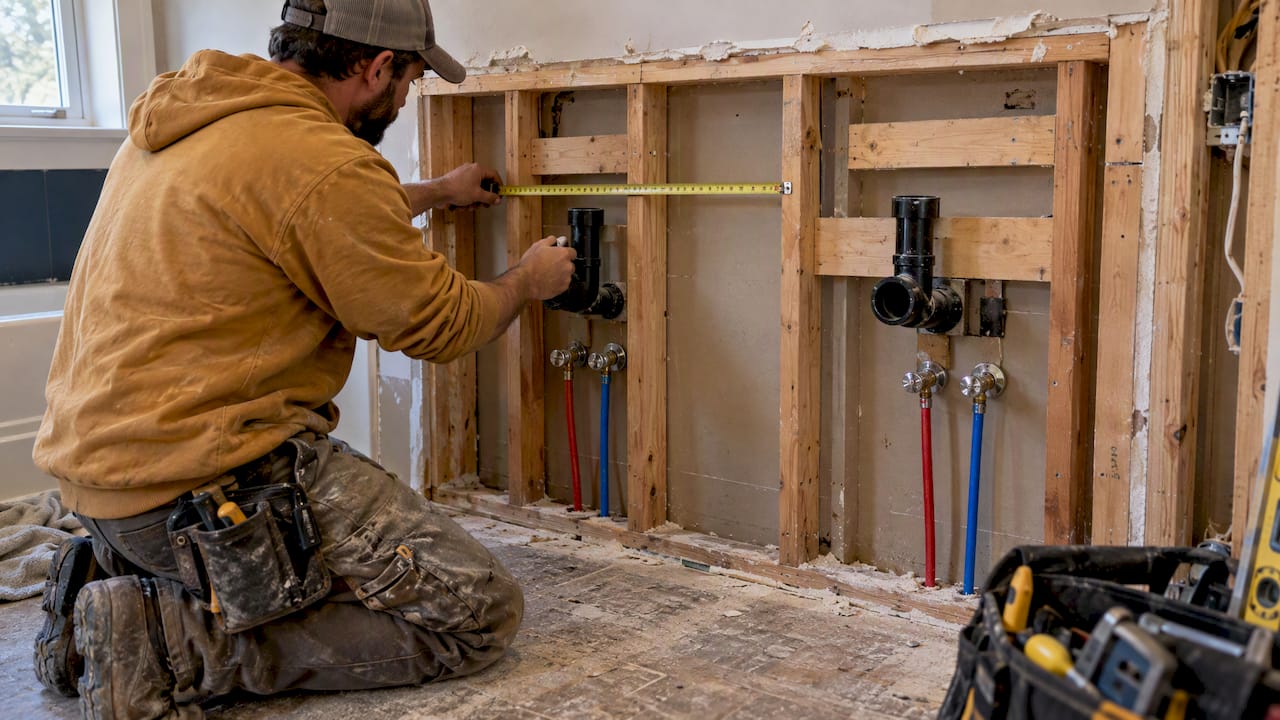Bathroom wall with double vanity rough-ins