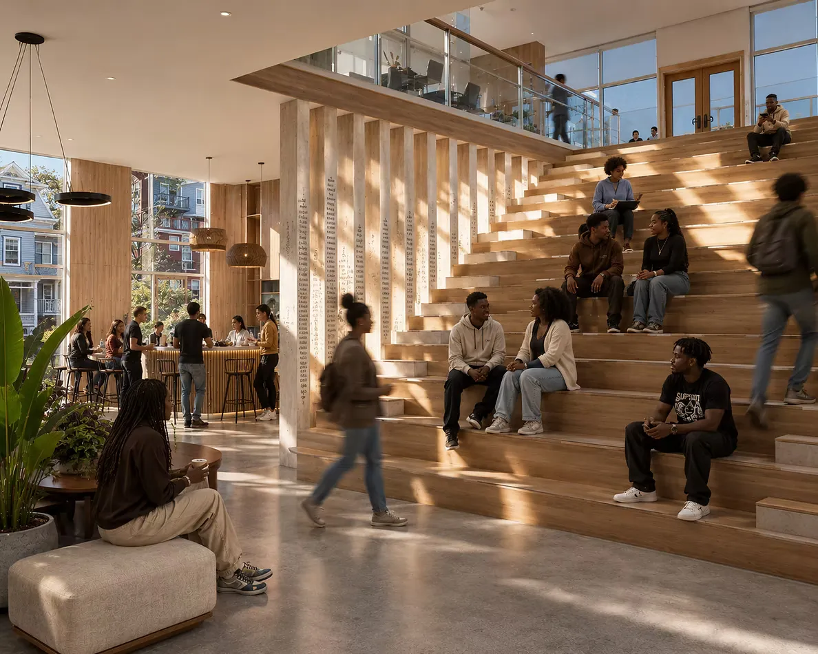 A large social stair doubles as an auditorium, gathering space, and daily circulation route.