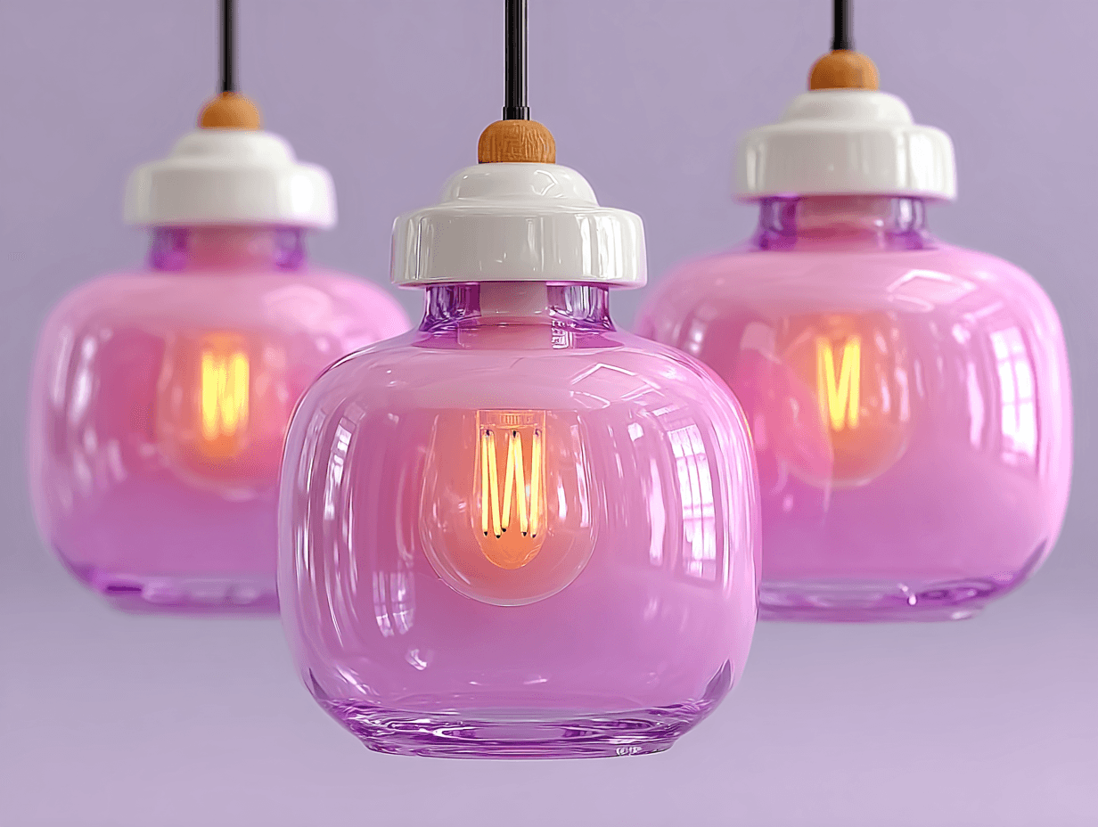 A trio of 3D-rendered pink glass pendant lights with glowing filament bulbs and white tops, hanging against a soft lavender background.