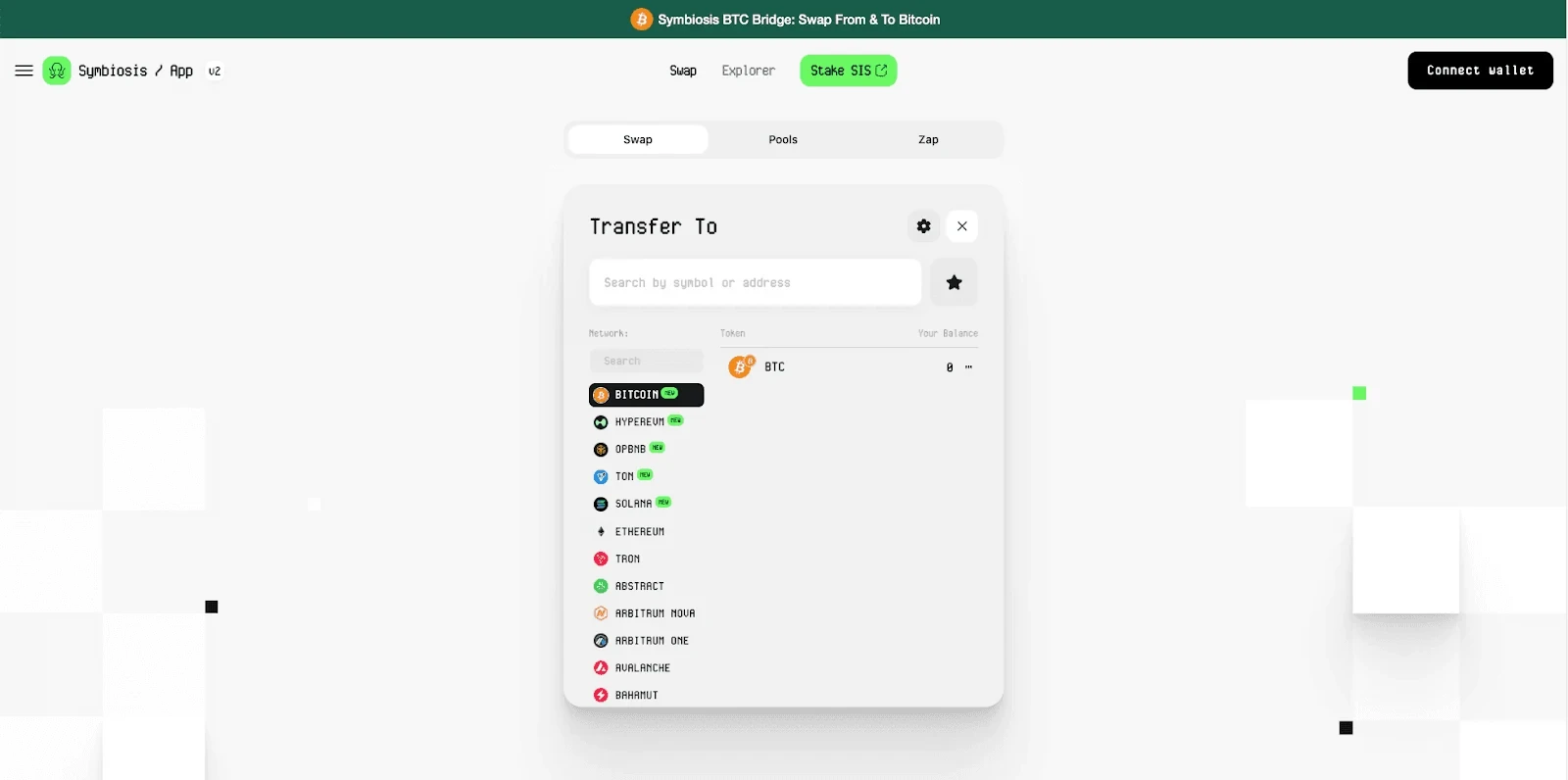 Symbiosis BTC Bridge swap interface showing Transfer To dropdown with cryptocurrency tokens listed