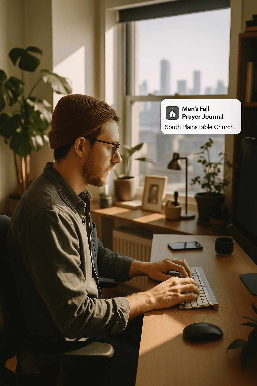 A person sits at a wooden desk in a warmly lit home office, focused on a computer screen, with a lamp, books, and a pencil holder nearby, creating a cozy and productive workspace.