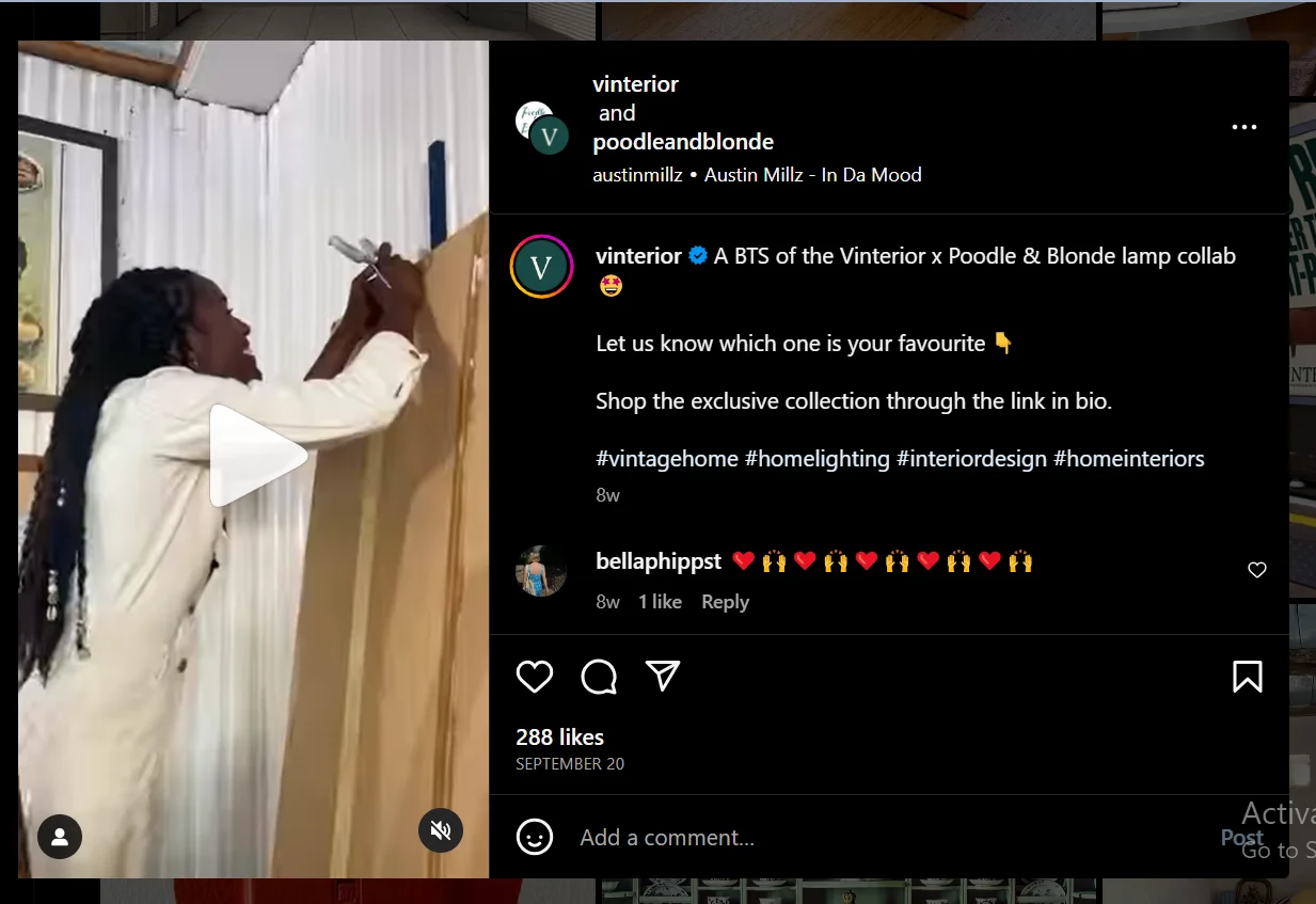 Instagram content of Vinterior selling an experience