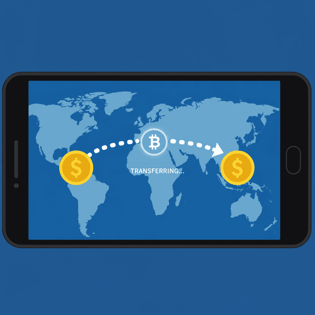 A graphic showing digital currency transferring across a world map on a smartphone screen