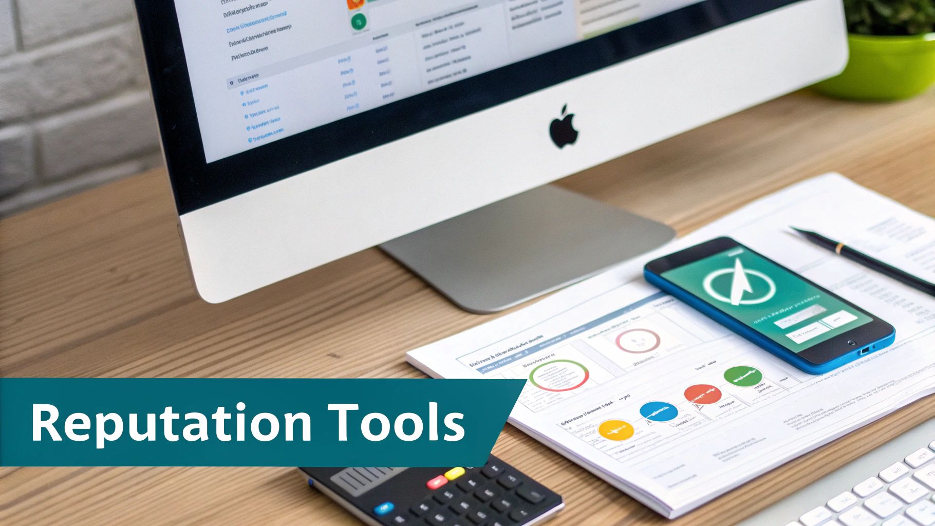 A desktop workspace featuring an Apple iMac, a smartphone showing a compass app, documents with charts, and a calculator, labeled 'Reputation Tools'.