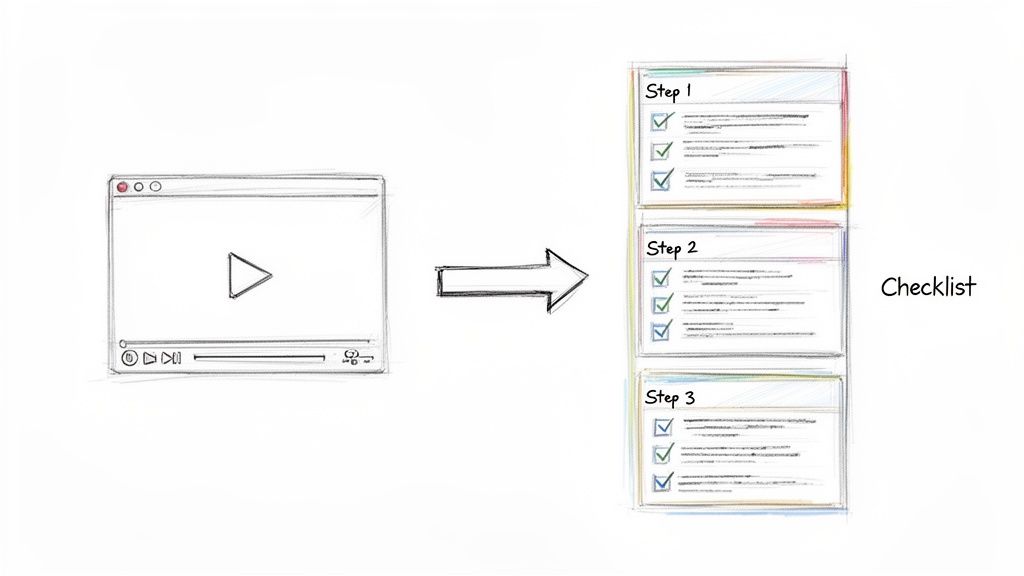 A sketch illustrating a video player transforming into a multi-step checklist, representing a structured training process.