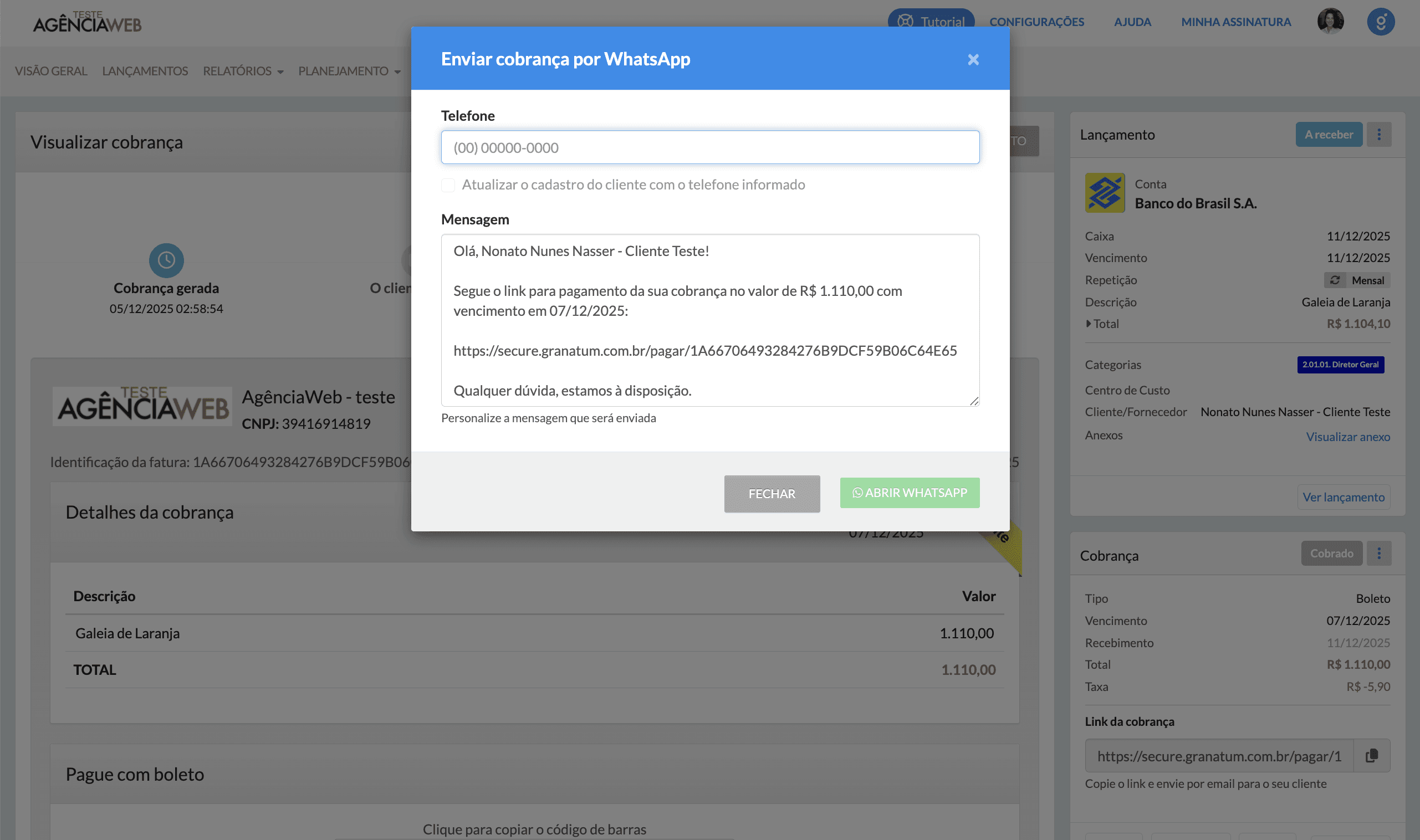 Envie cobranças pelo WhatsApp direto do Granatum