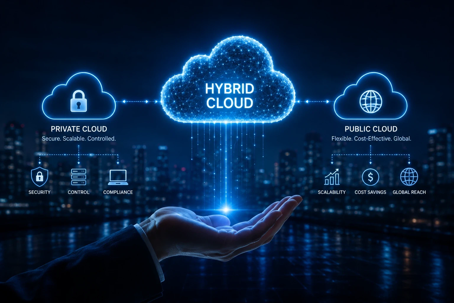 Cloud data chip representing private and public cloud services