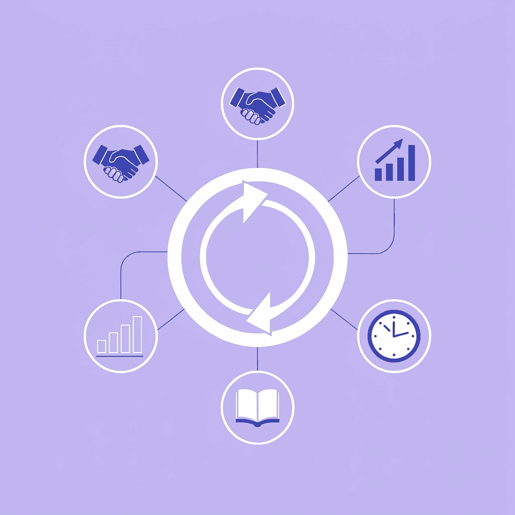 Central hub showing six interconnected components of customer success management strategy