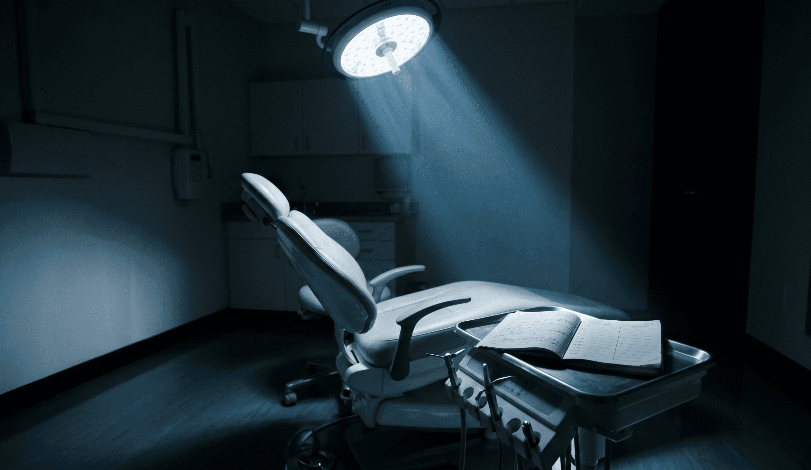 Empty dental chair under cool clinical light beside an            unfilled appointment book — represents patients lost to            slow callback response times.